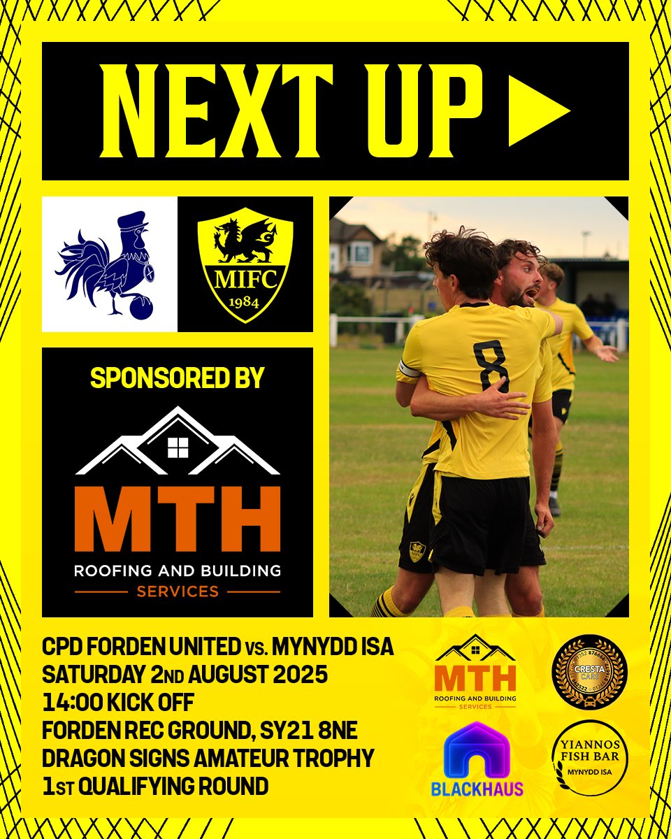 NEXT UP 👉

FIRST TEAM
⚽ <a href="/FordenUnited/">CPD Forden United</a> (A)
📅 Saturday 2nd August 
⏰ 14:00 kick off
🏟️ Forden Rec Ground, SY21 8NE
🏆 Dragon Signs Amateur Trophy 1st Qualifying Round

#uptheisa 🟡⚫