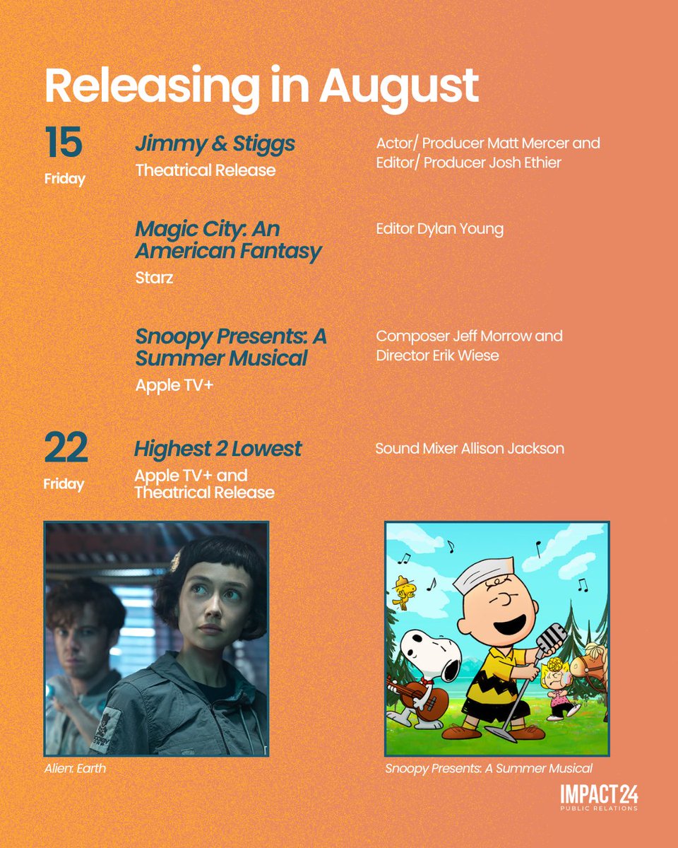 It’s finally August, which means new releases! Save the dates for these exciting new projects coming out this month!☀️

#Superman #WeaponsMovie #AlienEarthFX #JimmyAndStiggs #MagicCity #Snoopy #Highest2Lowest #ItsNeverOverMovie #JeffBuckley