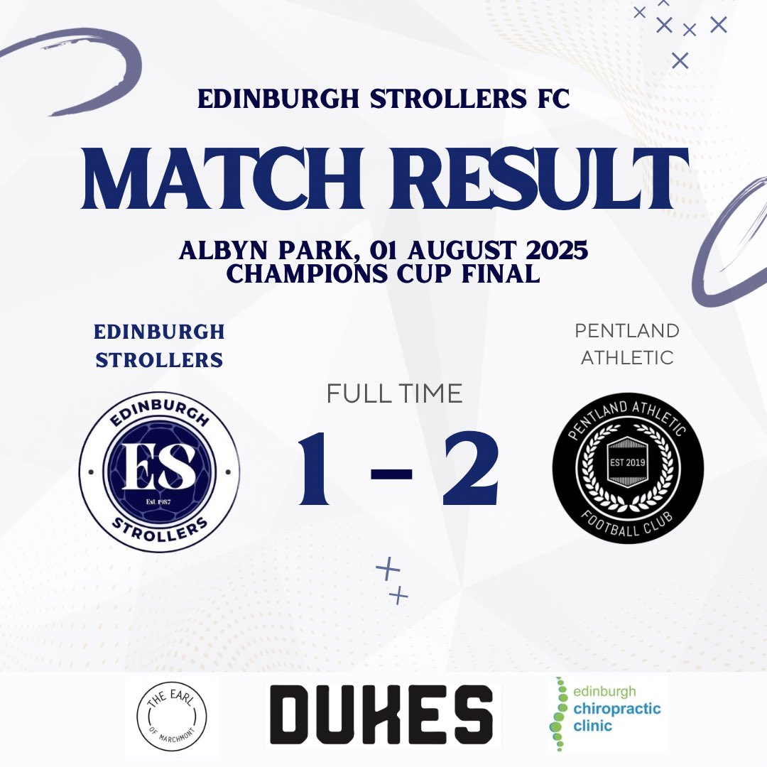 Edinburgh Strollers (@edinstrollersfc) on Twitter photo FT RESULT: Edinburgh Strollers 1-2 <a href="/PentlandAFC/">Pentland Athletic FC</a>
Disappointing to lose in the final tonight, just didn’t take our chances. Congratulations to Pentland, and all the best for the season ahead 🤝
Sponsors:
The Earl of Marchmont
Dukes
<a href="/ChiroEdinburgh/">EdinburghChiro</a>
🔵⚪️🔵⚪️ FT RESULT: Edinburgh Strollers 1-2 <a href="/PentlandAFC/">Pentland Athletic FC</a>
Disappointing to lose in the final tonight, just didn’t take our chances. Congratulations to Pentland, and all the best for the season ahead 🤝
Sponsors:
The Earl of Marchmont
Dukes
<a href="/ChiroEdinburgh/">EdinburghChiro</a>
🔵⚪️🔵⚪️