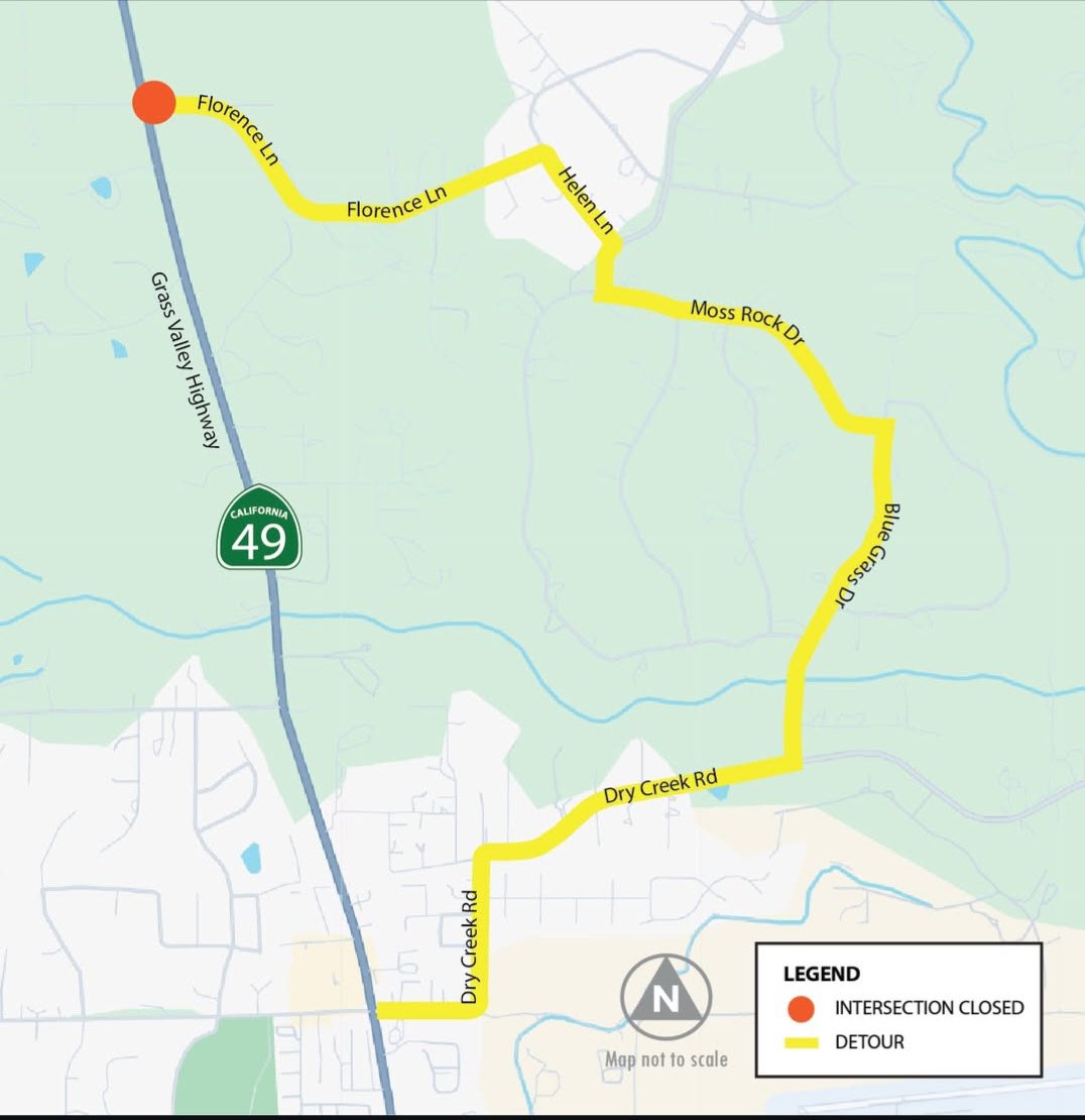 🚨⚠️ REMINDER ⚠️🚨
SR-49 at Lorenson Road/Florence Lane...North of Auburn. Reduction &amp; Intersection closure THIS WEEKEND, Fri. Aug. 1 - Mon. Aug. 4.  Expect delays and see attached map for detour: Northbound ➡️Dry Creek to Blue Grass to Moss Rock to Virginia to Helen to Florence