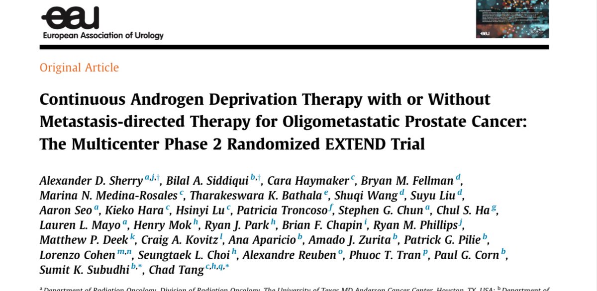 Alexander Sherry (@alexsherrymd) on Twitter photo Does the addition of MDT to standard of care continuous ADT improve outcomes for oligomet prostate ca?
Happy to share the results of EXTEND evaluating this question alongside PI <a href="/ChadTangMD/">Chad Tang, MD</a> & many others Does the addition of MDT to standard of care continuous ADT improve outcomes for oligomet prostate ca?
Happy to share the results of EXTEND evaluating this question alongside PI <a href="/ChadTangMD/">Chad Tang, MD</a> & many others
