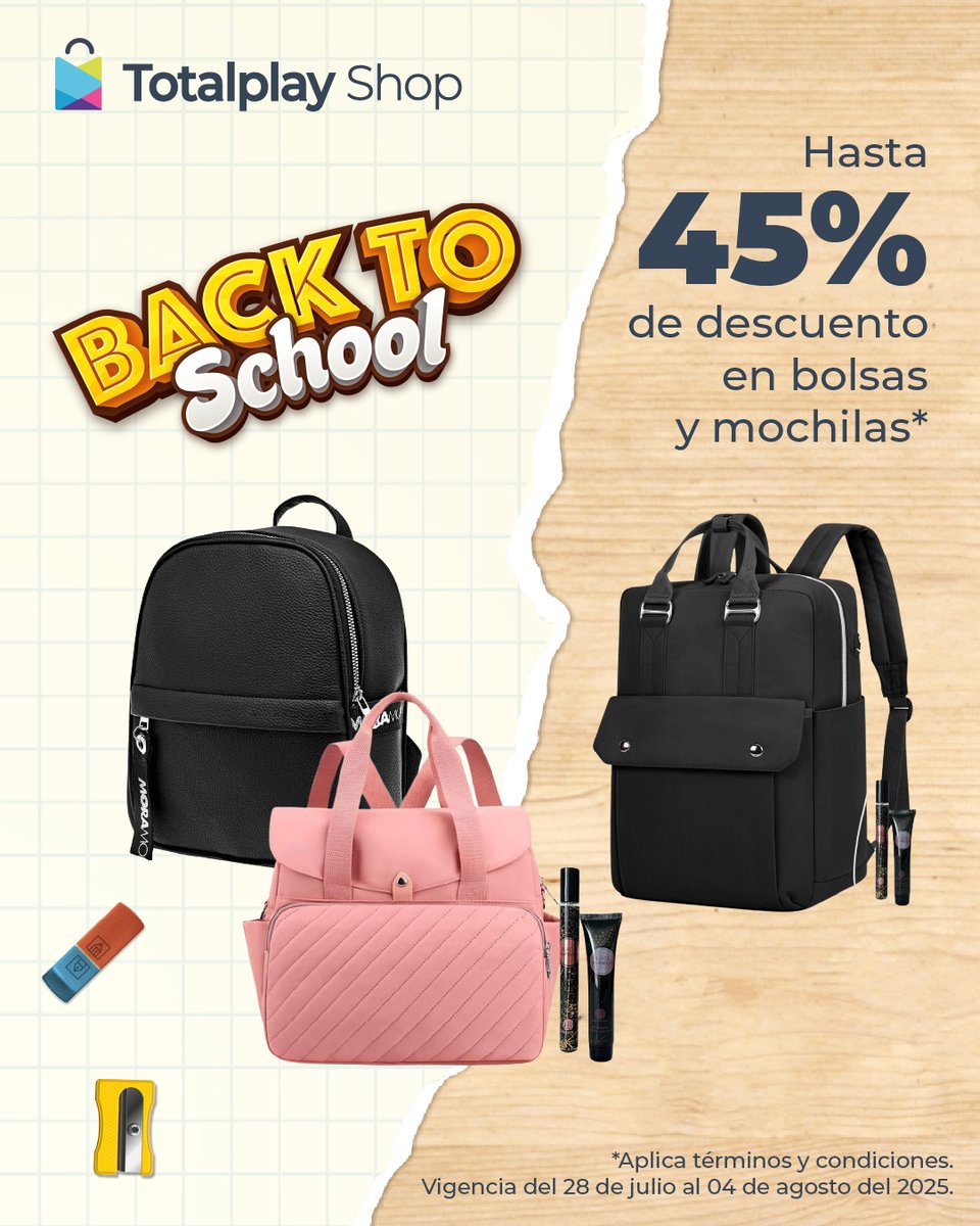 ¡Nueva mochila, nueva actitud!
Elige tu favorita con hasta 45% de descuento.
🛒 Encuentra la tuya en la app y recíbela sin complicaciones.
👉 totalgo.totalplay.com.mx/section/mkp?