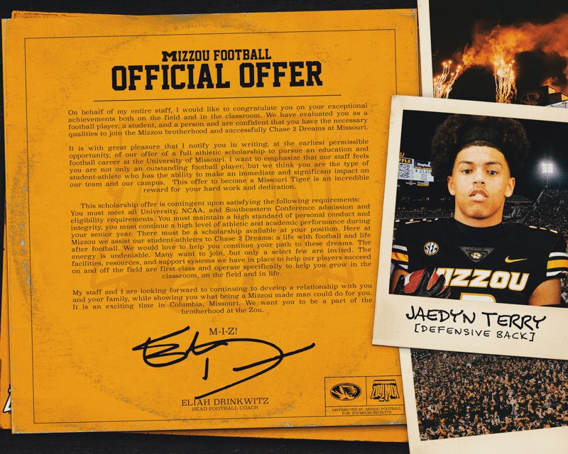 Jaedyn Terry (@_jaedyn_terry) on Twitter photo After a great phone call and conversation with <a href="/RyanTrichel/">Ryan Trichel</a> and <a href="/MaureyBland6/">Maurey Bland Jr.</a> I am blessed to receive an offer from The University of Missouri!! #agtg <a href="/MHSBlueDevils21/">Manchester High School Football</a> <a href="/CoachJBrawner/">Jumaane Brawner</a> <a href="/ChadSimmons_/">ChadSimmons</a> <a href="/247recruiting/">247Sports Recruiting</a> <a href="/coachalpogue/">Al Pogue</a> <a href="/samspiegs/">Sam Spiegelman</a> After a great phone call and conversation with <a href="/RyanTrichel/">Ryan Trichel</a> and <a href="/MaureyBland6/">Maurey Bland Jr.</a> I am blessed to receive an offer from The University of Missouri!! #agtg <a href="/MHSBlueDevils21/">Manchester High School Football</a> <a href="/CoachJBrawner/">Jumaane Brawner</a> <a href="/ChadSimmons_/">ChadSimmons</a> <a href="/247recruiting/">247Sports Recruiting</a> <a href="/coachalpogue/">Al Pogue</a> <a href="/samspiegs/">Sam Spiegelman</a>