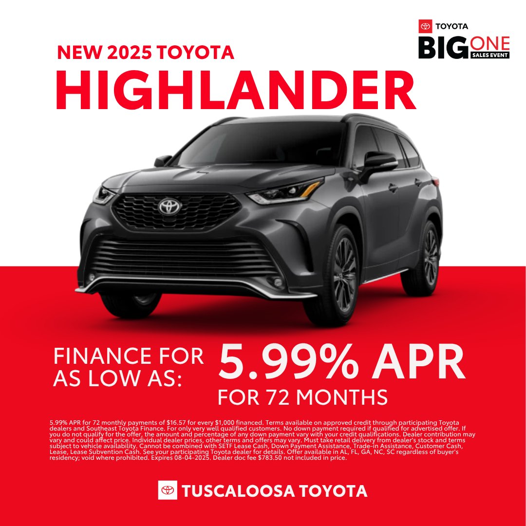 🚗 There are just a few more days left to shop our Big One Sales Event at Tuscaloosa Toyota. 

📞 (205) 553-3325
📍3325 Skyland Blvd E, Tuscaloosa, AL 35405
💻 birdeye.cx/xczpu3

#TuscaloosaToyota #ToyotaHighlander #ToyotaDeals #ToyotaFamily #Alabama #CarShopping
