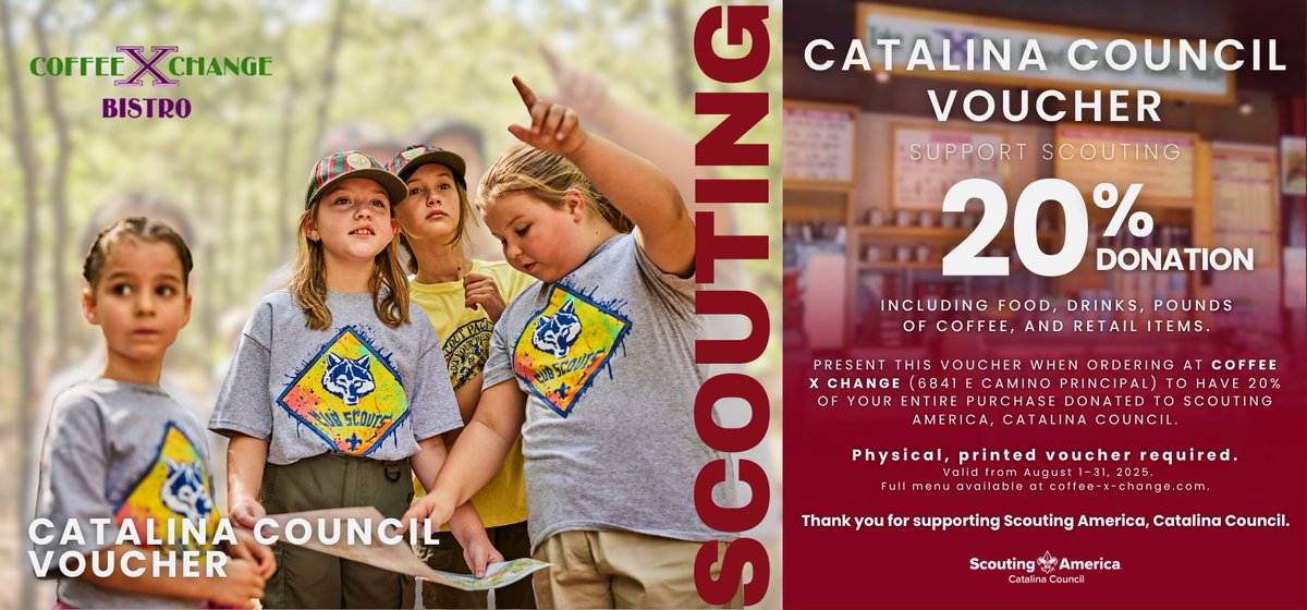 ☕ Grab your coffee and support Scouting!

Use our voucher at Coffee X Change Bistro and 20% of your purchase goes to Scouting in Southern Arizona.

Print it or pick one up at our office! #SupportScouting #CoffeeForACause #CatalinaCouncil