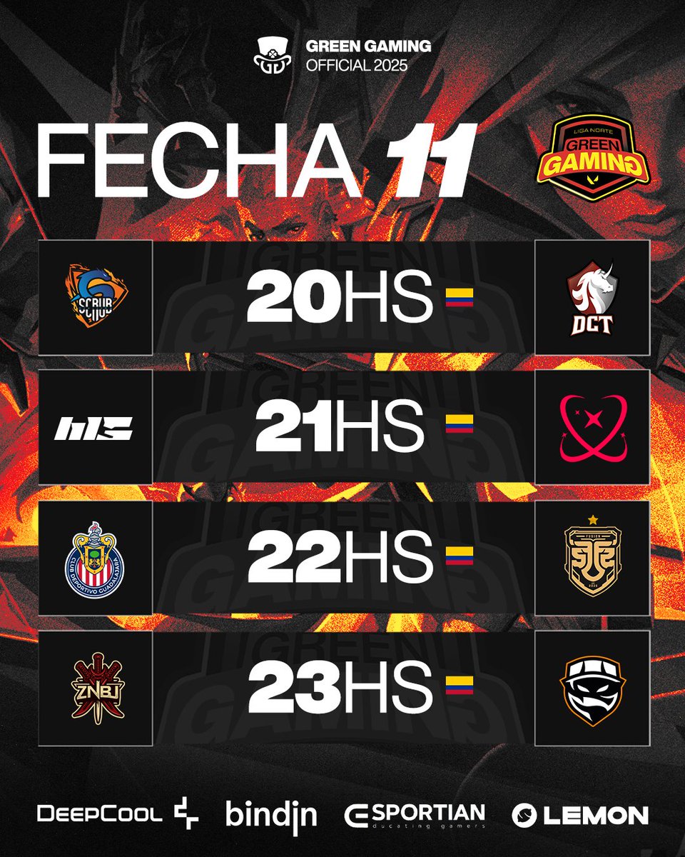 Green Gaming 🍀 (@ligagreengaming) on Twitter photo 🔴 ENFRENTAMIENTOS | FECHA 11 🔴
20 HRS - <a href="/ScrubDivision/">The Scrub Division</a> 🆚 <a href="/DCT_eSports/">DCT eSports</a>
21 HRS - <a href="/M5_esports/">M5 Esports</a> 🆚 <a href="/NovaCrews/">NovaCrew</a>
22 HRS - <a href="/esportsChivas/">Chivas esports</a> 🆚 <a href="/fusionfsgg/">FUSION</a>
23 HRS - <a href="/znbuteam/">Zanbu Team</a> 🆚 <a href="/Skalle_ec/">SKALLE ESPORTS</a>
🍀 Sigue la ACCIÓN en: twitch.tv/greengaming_tv
#GreenGaming #GreenGamingNorte 🔴 ENFRENTAMIENTOS | FECHA 11 🔴
20 HRS - <a href="/ScrubDivision/">The Scrub Division</a> 🆚 <a href="/DCT_eSports/">DCT eSports</a>
21 HRS - <a href="/M5_esports/">M5 Esports</a> 🆚 <a href="/NovaCrews/">NovaCrew</a>
22 HRS - <a href="/esportsChivas/">Chivas esports</a> 🆚 <a href="/fusionfsgg/">FUSION</a>
23 HRS - <a href="/znbuteam/">Zanbu Team</a> 🆚 <a href="/Skalle_ec/">SKALLE ESPORTS</a>
🍀 Sigue la ACCIÓN en: twitch.tv/greengaming_tv
#GreenGaming #GreenGamingNorte