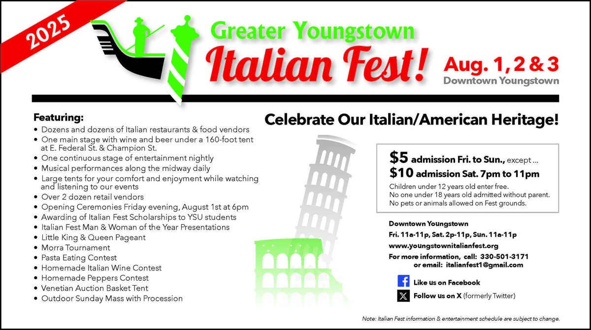 JAC_Live1's tweet photo. 🍝🎉 The Greater Youngstown Italian Fest kicks off TONIGHT and runs through Sunday in Downtown Youngstown!

Enjoy amazing food, live music, family fun, and a celebration of Italian heritage all weekend long! ✨

#YoungstownItalianFest #DowntownYoungstown #ItalianHeritage https://t.co/4RdCfh31it
