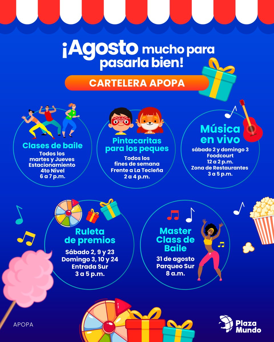 ¡Agosto mucho para celebrar en #PlazaMundoApopa! 🥳 Descubre todo lo que podrás disfrutar en nuestra cartelera de agosto. 🤩 ¡Ven a vivir la fiesta con nosotros!

📌Ten en cuenta que la semana de fiestas agostinas no habrá clases de baile, pero sí muchas actividades más.