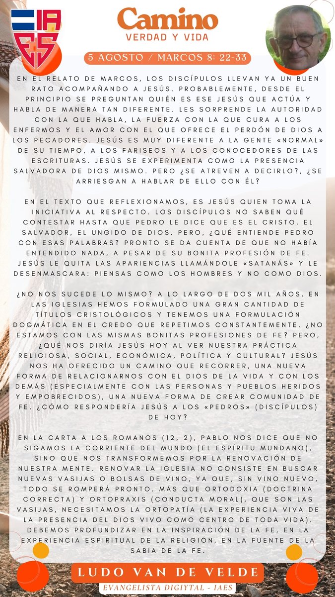 🌤️ Hoy es un día especial para seguir creciendo en la fe 🙏

Reflexionamos sobre Marcos 8:22-33 junto a nuestro querido hermano Ludo Van de Velde 📖💬
Jesús nos invita a ver con claridad y a seguirle con decisión, aún cuando el camino cueste. 👣🕊️

#CaminoVerdadYVida #IAES
