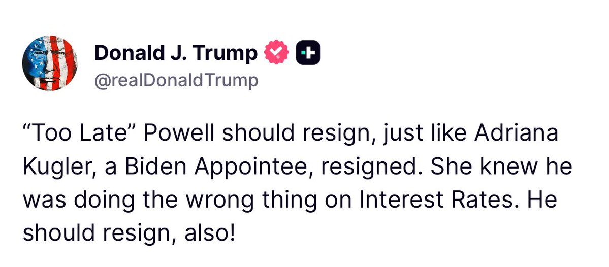 🚨 BREAKING: President Trump demands the resignation of Jerome Powell after a Biden appointee of the Fed just resigned