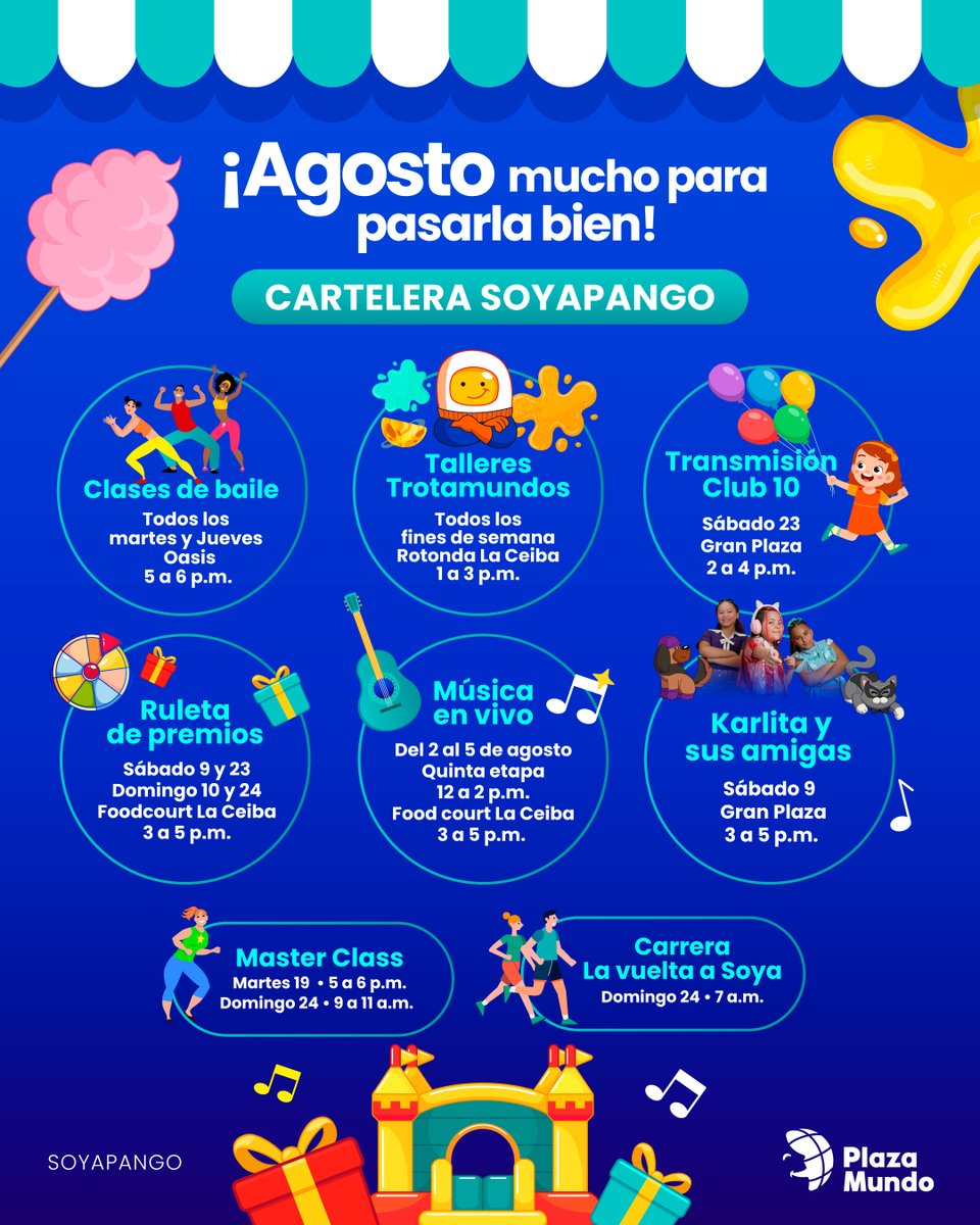¡Agosto mucho para pasarla bien en #PlazaMundoSoyapango! Consulta nuestra cartelera y no te pierdas nada.

💙 ¡Las fiestas agostinas se viven mejor en #PlazaMundo!

📌Ten en cuenta que la semana de fiestas agostinas no habrá clases de baile, pero sí muchas actividades más.