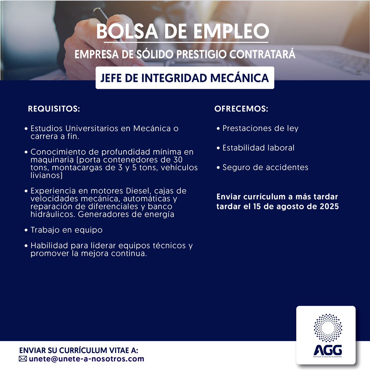 AGGuatemala (@agguatemala) on Twitter photo 💼 Bolsa de Empleo | Jefe de Integridad Mecánica
Empresa de gran prestigio busca experto para unirse a su equipo de trabajo. Si estás listo para un nuevo reto profesional, ¡esta puede ser tu oportunidad!
📩 Enviar CV a: unete@unete-a-nosotros.com a más tardar el 15/08/2025 💼 Bolsa de Empleo | Jefe de Integridad Mecánica
Empresa de gran prestigio busca experto para unirse a su equipo de trabajo. Si estás listo para un nuevo reto profesional, ¡esta puede ser tu oportunidad!
📩 Enviar CV a: unete@unete-a-nosotros.com a más tardar el 15/08/2025