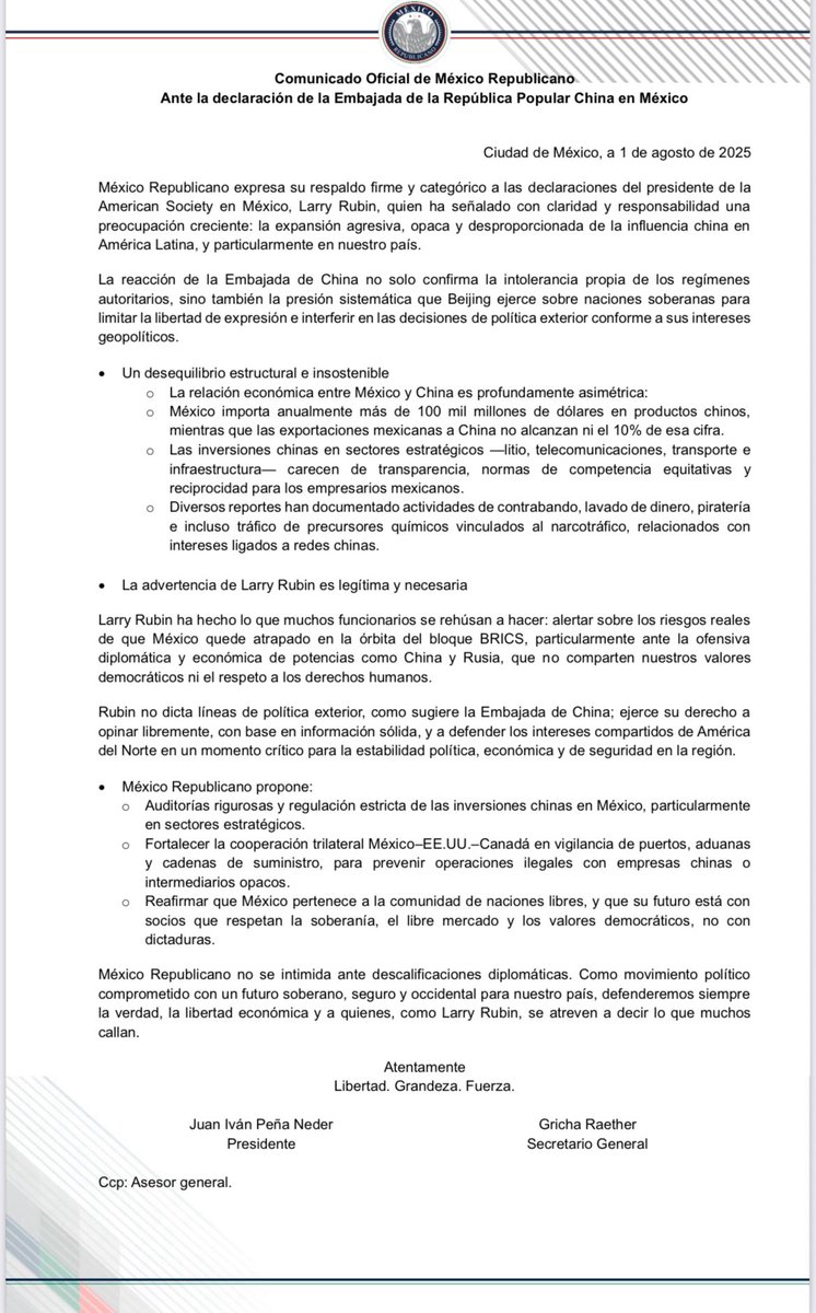 MexRepublicano's tweet photo. México Republicano respalda a Larry Rubin ante los ataques de la Embajada China.

México no debe someterse a dictaduras ni al autoritarismo de Beijing.

Exigimos transparencia, soberanía y defensa de nuestros valores democráticos.

@GobiernoMX @GOP @Reporte_Indigo @AristeguiOnline @MVSNoticias @Notimex @nmas @canal6 @VoxPopuliNoti @vox_es @JMilei @Milenio @cronica @sdpnoticias @realDonaldTrump @TruthSocialESP @NowVisionNews @PRChile @Esquerra_ERC @nayibbukele @lrubin @SRE_mx