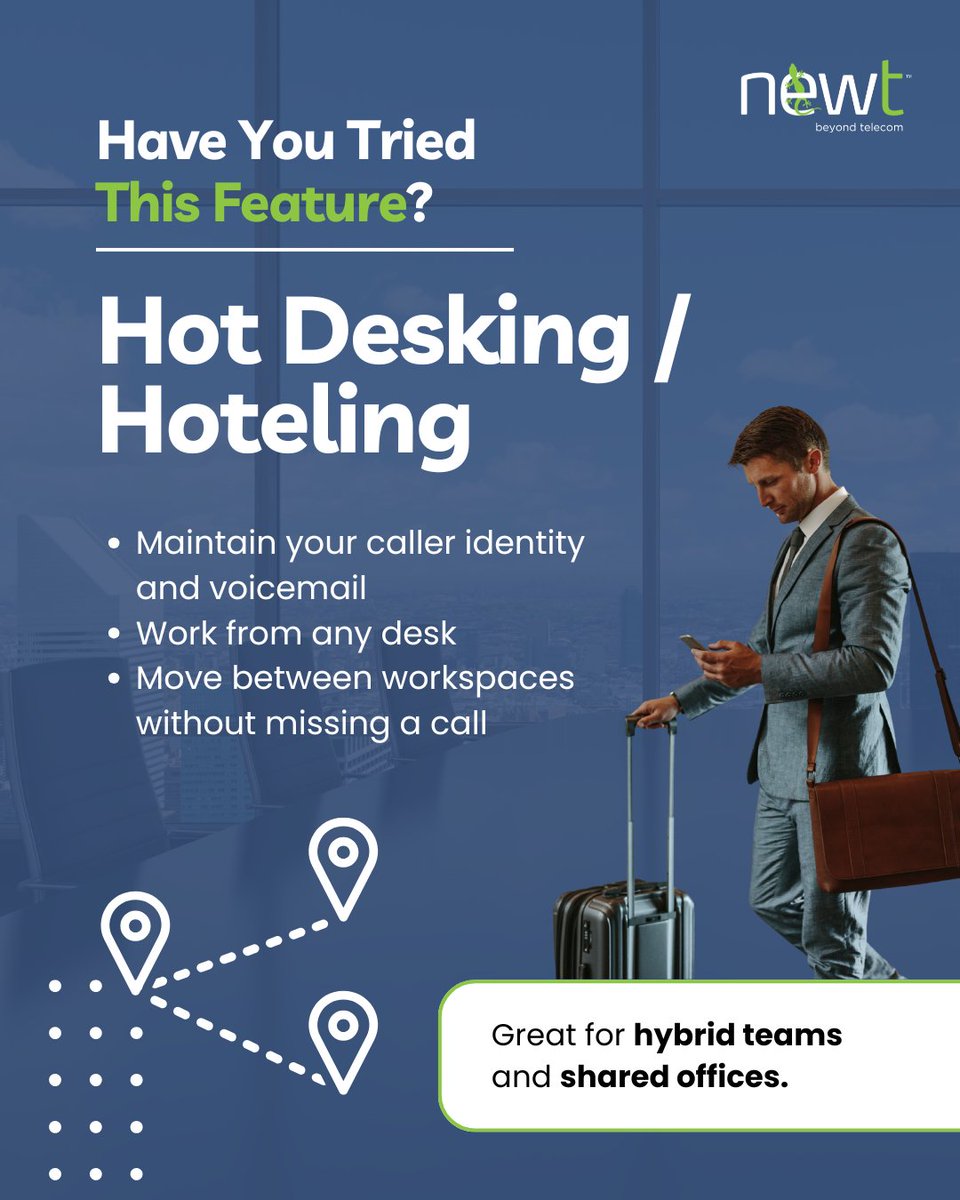 newt4business's tweet image. 🪑 Have you tried this feature?
Hot Desking / Hoteling lets employees log into their extension from any available desk phone.

Learn more: zurl.co/0HZ3Z 

#HotDesking #Hoteling #BusinessPhone #NEWT