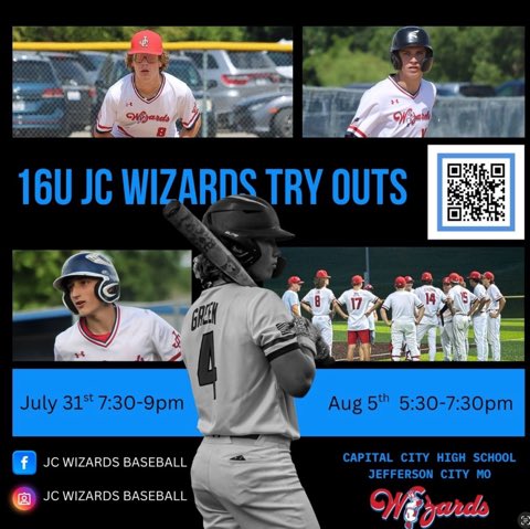 @CCHSCavs_AD (@cchscavsa) on Twitter photo If you're a JCPS athlete ready to compete, the 16U JC Wizards are holding their final tryout Aug 5 at Capital City High baseball field from 5:30-7:30p.
Need a different time or for more information call (573) 353-1248 for a personal tryout. <a href="/CCHS_Activities/">CCHS Activities Department</a> <a href="/JeffCityJays/">JCHS Activities</a> If you're a JCPS athlete ready to compete, the 16U JC Wizards are holding their final tryout Aug 5 at Capital City High baseball field from 5:30-7:30p.
Need a different time or for more information call (573) 353-1248 for a personal tryout. <a href="/CCHS_Activities/">CCHS Activities Department</a> <a href="/JeffCityJays/">JCHS Activities</a>