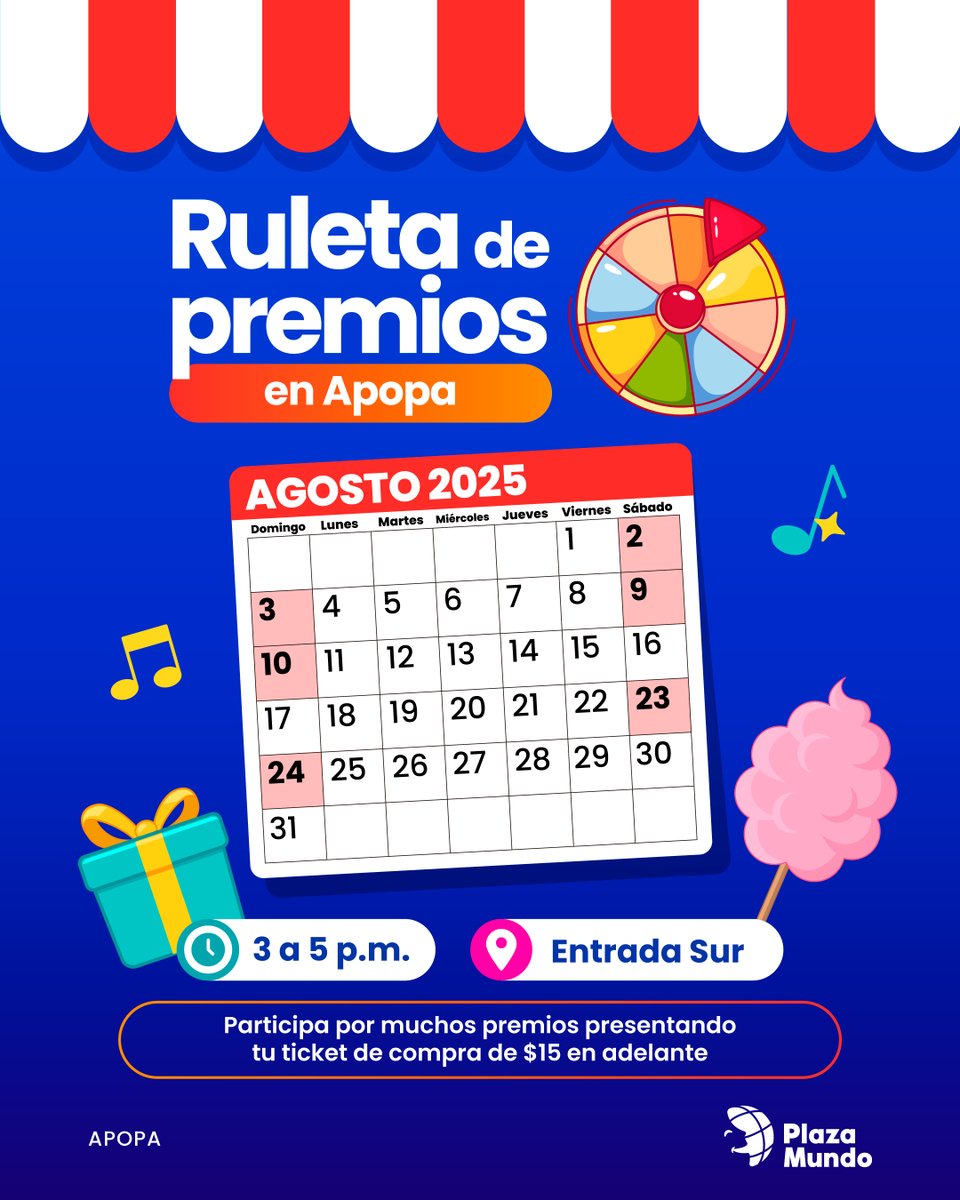 🎉 ¡Agosto se viene con premios para todos! Solo tienes que presentar tu ticket de compra🛍 por $15 o más y podrás girar la ruleta en #PlazaMundoApopa y #PlazaMundoSoyapango.🎁

Ven con tu familia y vive la emoción de ganar al instante. 🙌 ¡No te lo puedes perder! 🤩