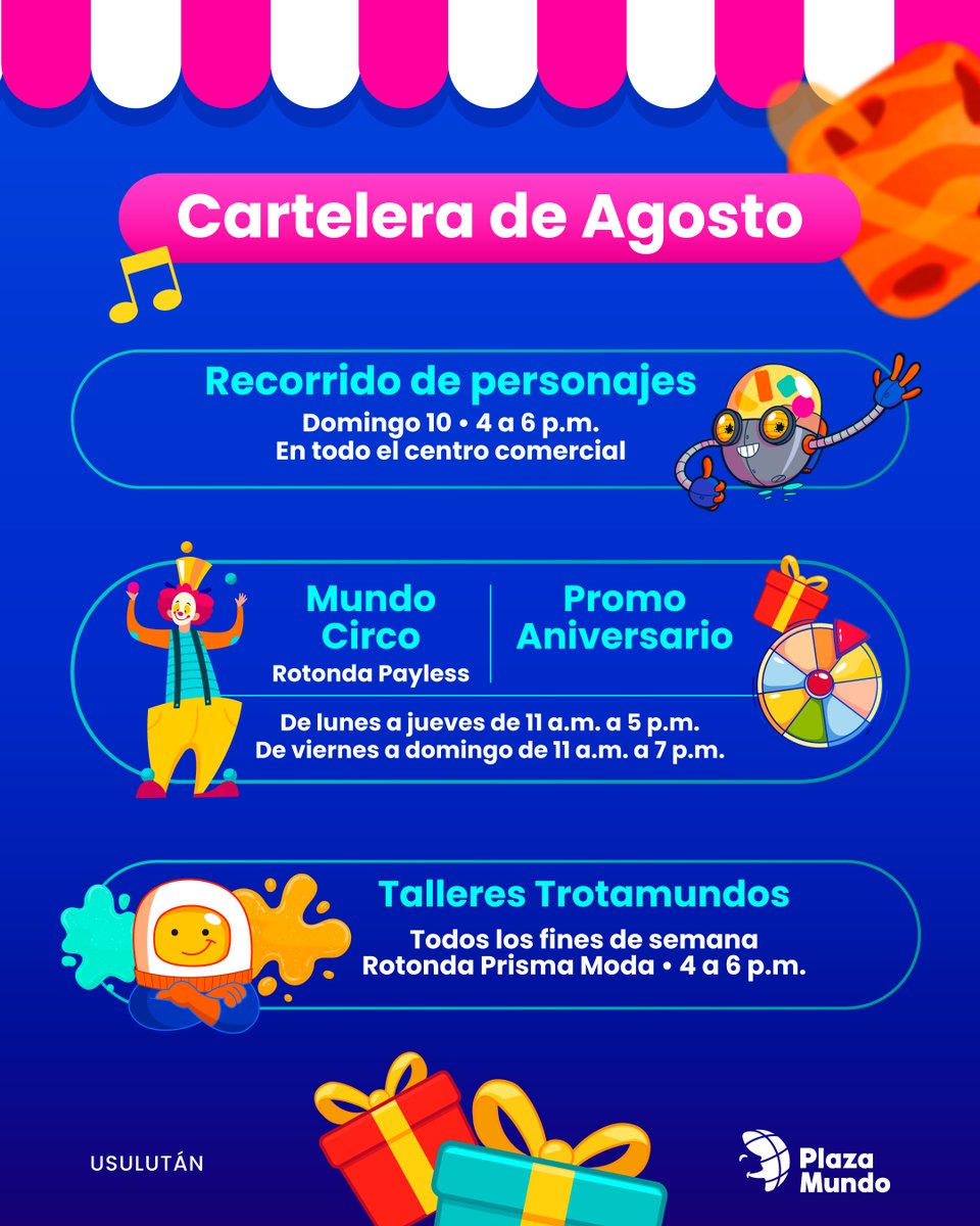¡Agosto mucho para vivir momentos especiales en #PlazaMundoUsulután! Todo el mes continuará la alegría con actividades llenas de premios, música y sorpresas para toda la familia. 🎶🎨

Revisa nuestra cartelera de actividades y agenda tus fines de semana con nosotros. 🥰