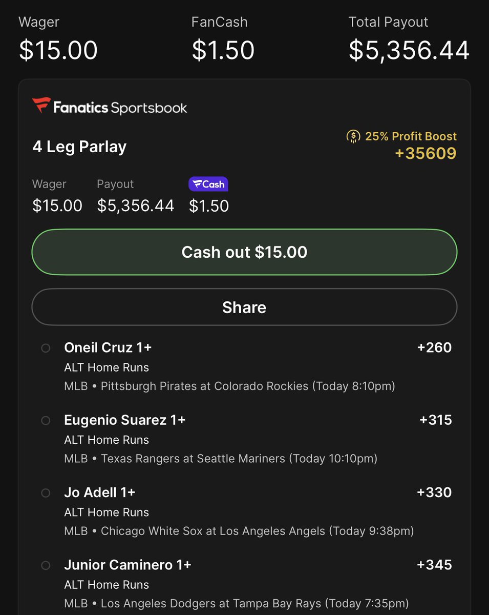 SaltandpepperML's tweet photo. 😵‍💫 4 - Leg HomeRun Parlay😵‍💫
+35,609 w/ 25% boost 🍒
$15 -> $5,356.44 🧑‍🎤 
Either a donation or salvation 🤣😭 
#MLB #Dingers #GamblingX #SportBetting #Parlay #FridayNightUnderTheLights https://t.co/kUlLwpxlcr