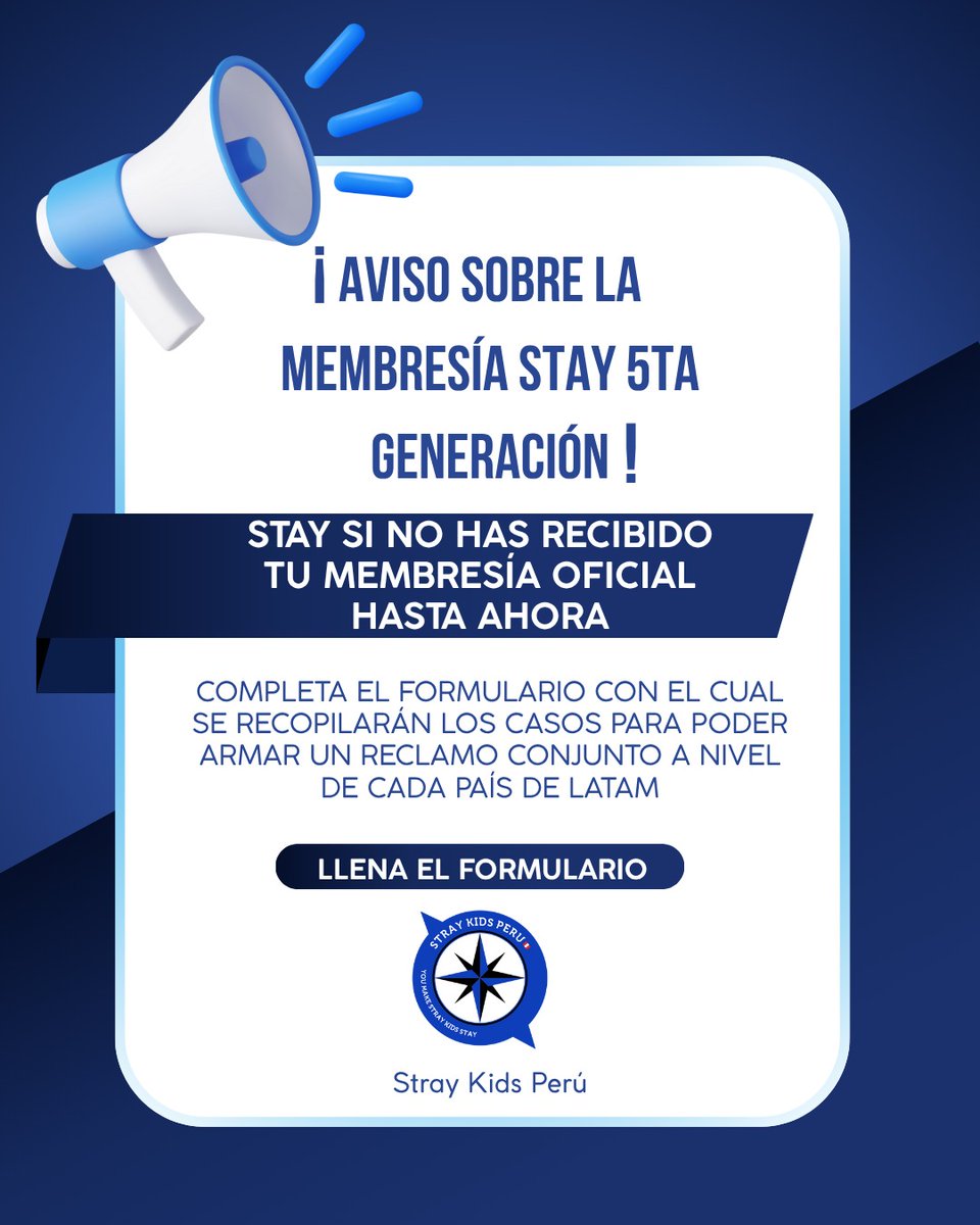 Hola Stay, hemos tomado conocimiento de varios casos en donde aún no han recibido su kit de la membresía Stay oficial.
Para poder armar un reclamo conjunto les pedimos que por favor puedan llenar el sgte fomulario:

⛓️‍💥docs.google.com/forms/d/e/1FAI…

#StrayKids #스트레이키즈
