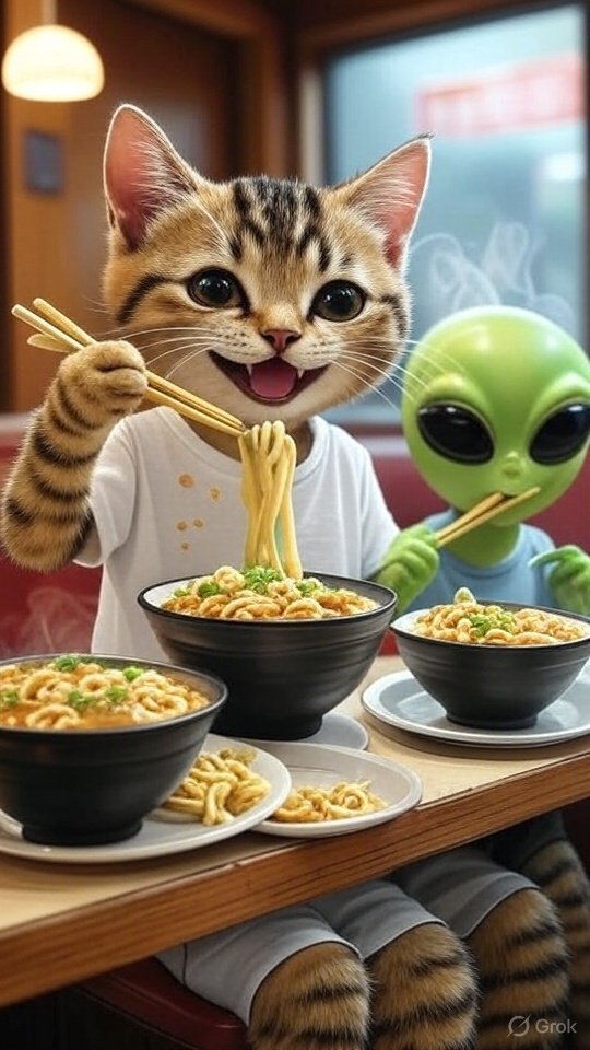 KantanStart's tweet photo. 📅 今日のネコ😺
8月2日は「カレーうどんの日」!
暑い日も、湯気の立つカレーうどんを仲良くハフハフ。
箸の使い方、ちょっと上手になってきたかも?
#今日のネコ #カレーうどんの日 #猫と宇宙人 #CurryUdonDay #CatAndAlien #AIアート #生成AI https://t.co/m2bngq5xWN