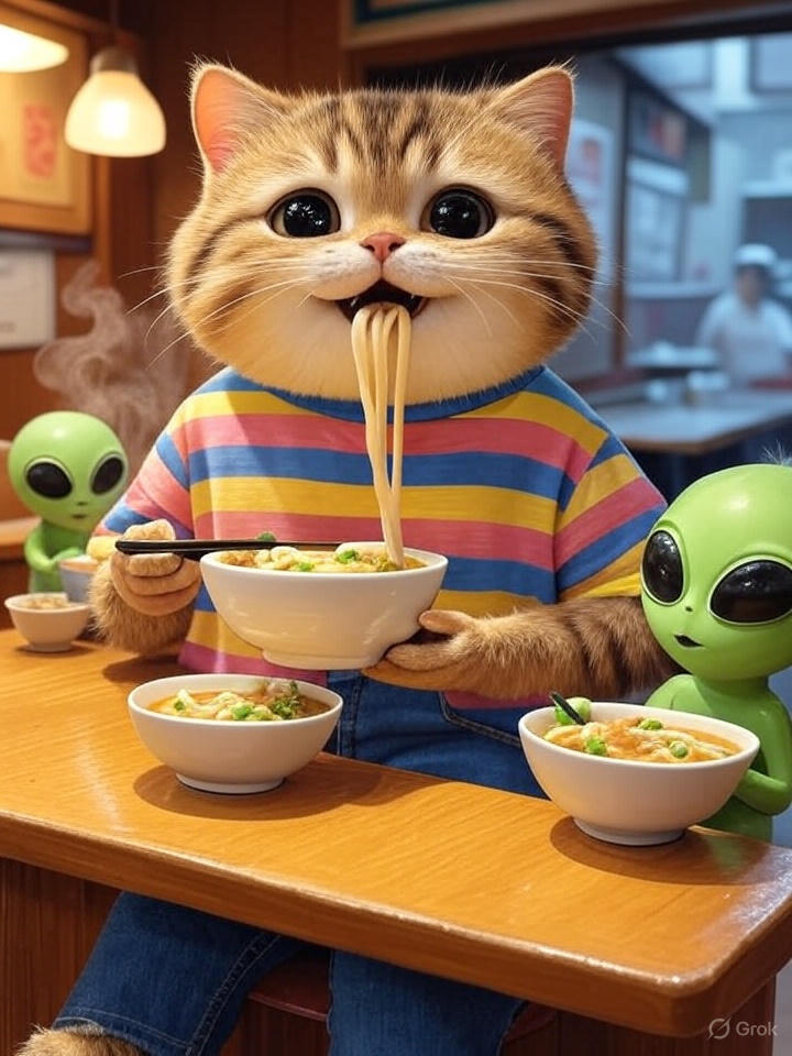 KantanStart's tweet photo. 📅 今日のネコ😺
8月2日は「カレーうどんの日」!
暑い日も、湯気の立つカレーうどんを仲良くハフハフ。
箸の使い方、ちょっと上手になってきたかも?
#今日のネコ #カレーうどんの日 #猫と宇宙人 #CurryUdonDay #CatAndAlien #AIアート #生成AI https://t.co/m2bngq5xWN