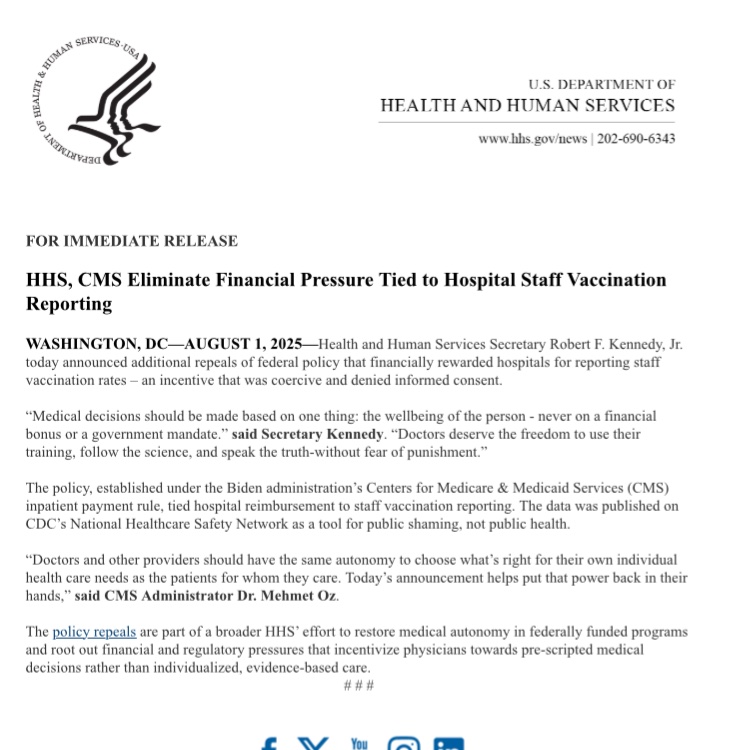 Friday news dump from RFK: eliminating incentives for hospitals reporting their staff vaccination rates. Says this was “public shaming.”