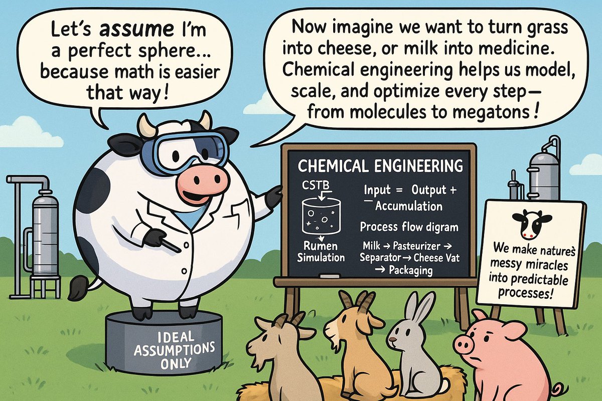 johnkitchin's tweet image. Why did the spherical cow become a chemical engineer?
Because turning grass into cheese efficiently requires mass balances, not magic. 🐄⚗️
“From molecules to megatons!”
#ChemE #SphericalCow #STEMhumor #ChemicalEngineering