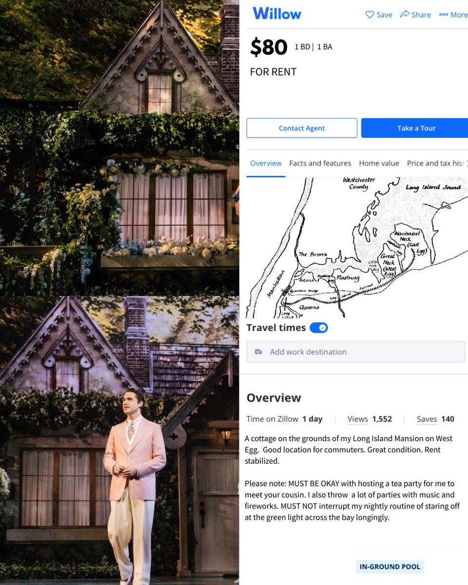 Anyone looking for a place to stay in NY? Found this cottage on the grounds of a Long Island Mansion and it seems like a really good deal 🤔

#thegreatgatsby #bwaygatsby #westegg