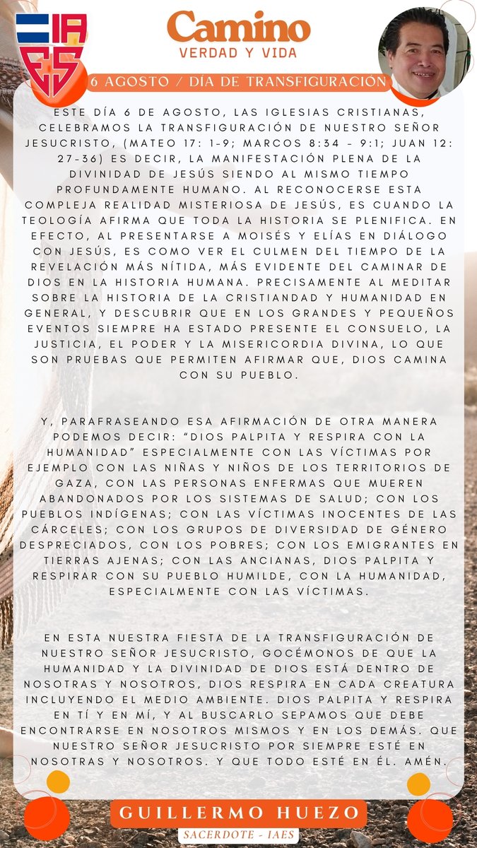 ✨ En este día tan especial, celebramos la Transfiguración del Señor 🌄

Reflexionamos junto al Rvdo. Guillermo Huezo sobre cómo Jesús revela su gloria y fortalece nuestra fe 🙏

#CaminoVerdadVida #IAES #TransfiguraciónDelSeñor #ReflexiónBíblica