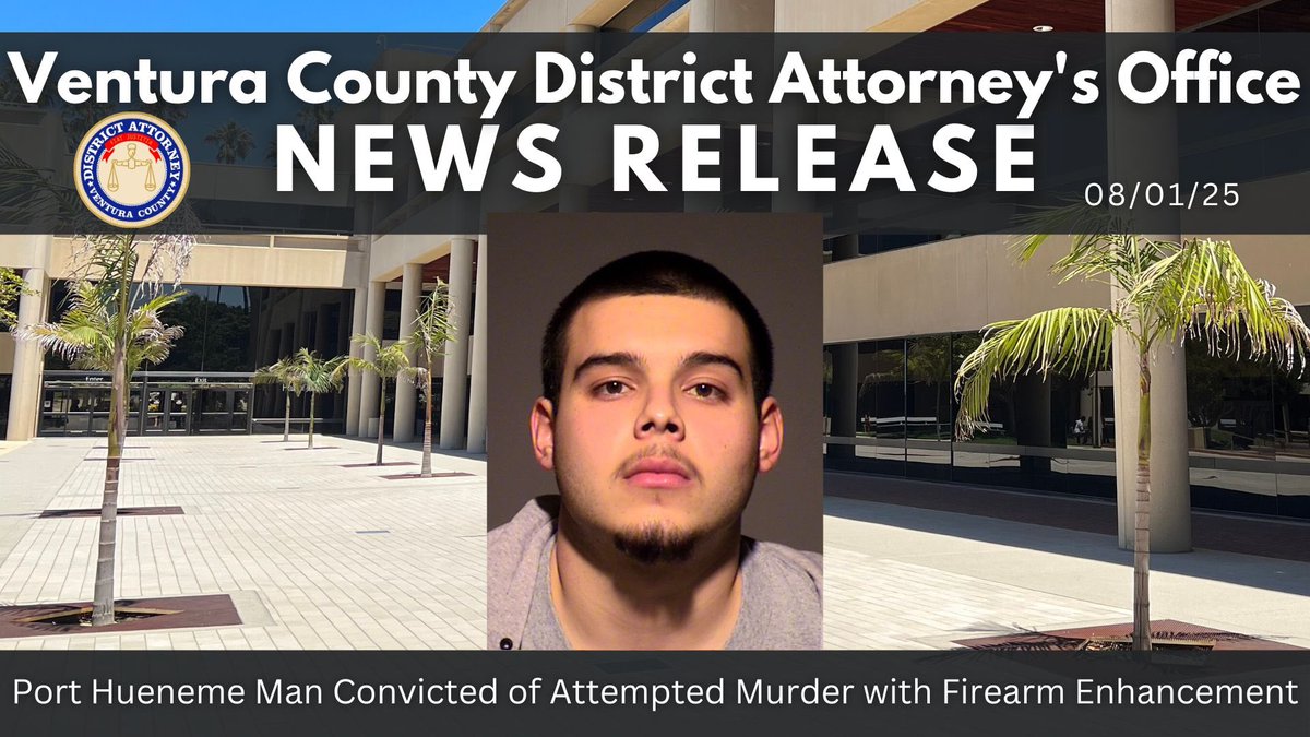 On July 31, 2025, a Ventura County jury found Gabriel Torres (DOB 04/02/04), of Port Hueneme, guilty of attempted murder. The jury also found true the special allegation that Torres personally and intentionally discharged a firearm during the crime, as well as allegations that he
