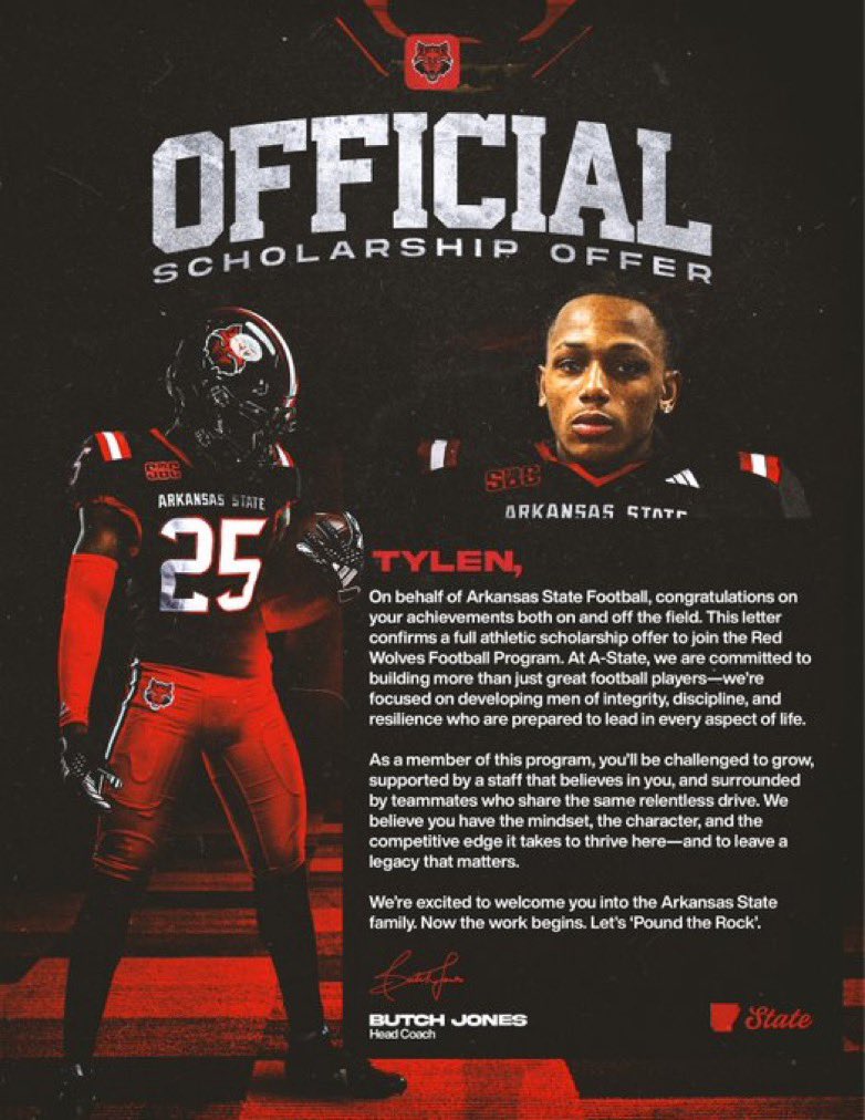 TylenMathews9's tweet photo. #AGTG @CoachRPittman I am blessed to have received an official offer from @AStateFB @nester_nick @JarcobyH @BHoward_11 @PrepRedzoneIL @One11Recruiting @On3Recruits @SWiltfong_ #LLHop #Wolvesup 🐺⚫️🔴 https://t.co/o5IkGsAVBB