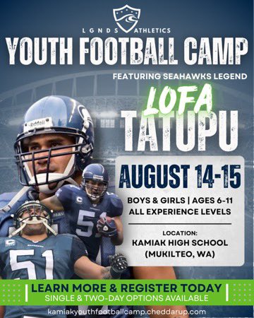 CoachMaccKamiak's tweet photo. LETS GO! Big Time youth football camp heading to the MUK! 

We here at Kamiak Football is partnering up with LGNDS athletics to bring a very special Youth Camp here to Kamiak! Excited to have @Seahawks LEGEND @LofaTatupu51 and numerous Ex Pro and College athletes  pour in to our community! Ages range from 6-11! Spread the word please! Link below #THEFUTUREISBRIGHT #MukMotion 

https://t.co/55DlKmMxFd