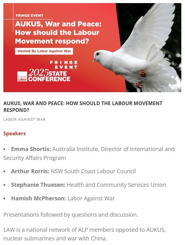 Labor Against War (@labagainstwar) on Twitter photo LAW Fringe Meeting today <a href="/VictorianLabor/">Victorian Labor</a> State Conference
viclabor.com.au/fringe-2025/?f… LAW Fringe Meeting today <a href="/VictorianLabor/">Victorian Labor</a> State Conference
viclabor.com.au/fringe-2025/?f…