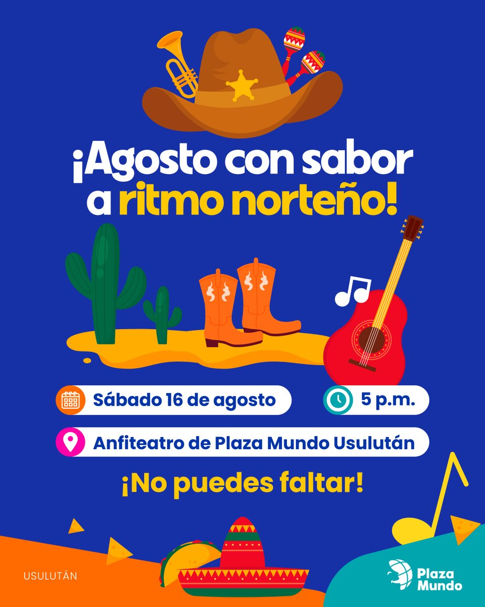La fiesta continua en #PlazaMundoUsulután, pero esta vez cambiaremos de ritmo. 🤠 Ven a disfrutar del show norteño el sábado 16 de agosto. 🎶🧑‍🌾

⏰ 5 p.m. 
📍Anfiteatro 

📌 ENTRADA GRATIS, ¡tienes que venir a bailar las norteñas! 🎶🤠