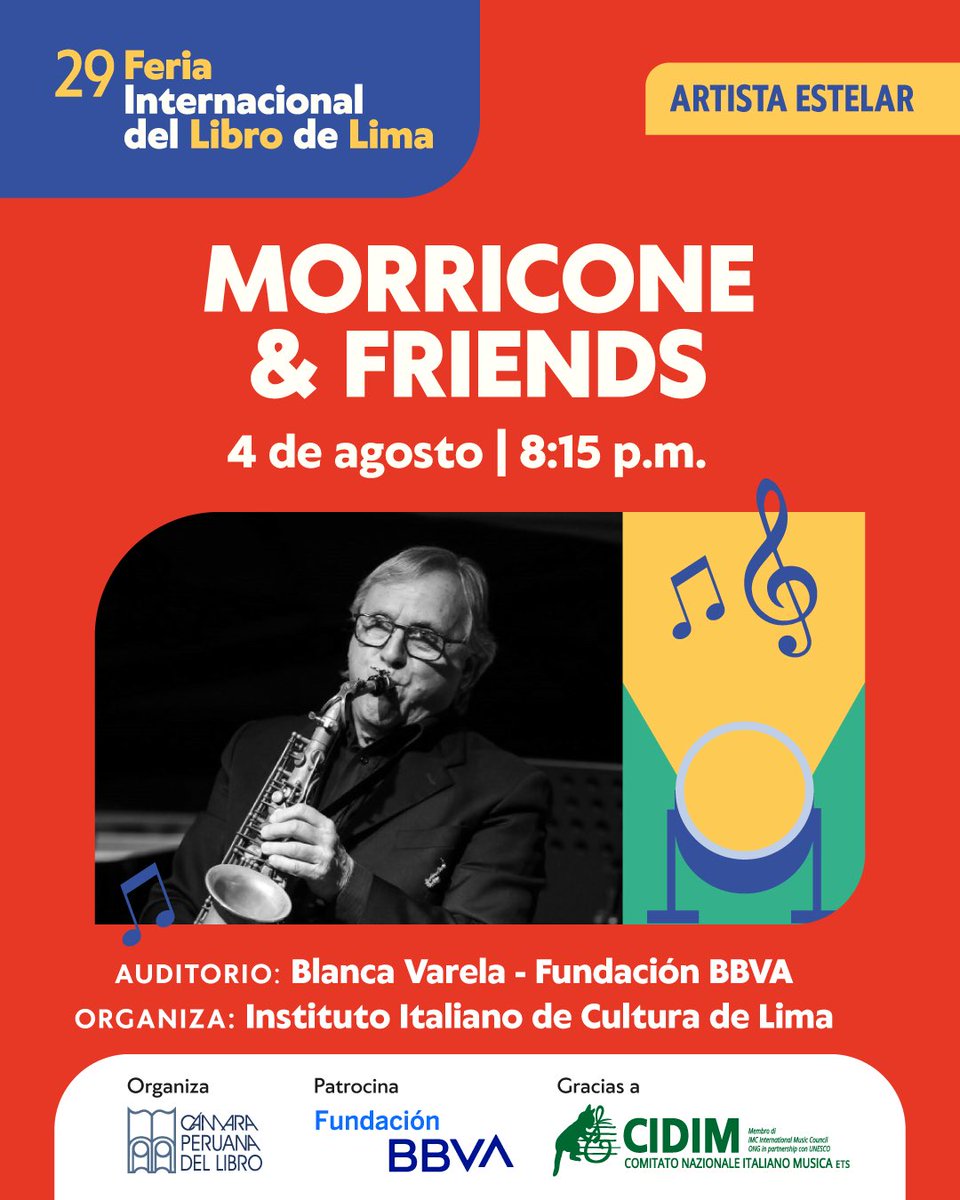 🎬 Este 4 de agosto, “Morricone &amp; Friends”, un tributo sinfónico a las bandas sonoras más memorables del cine.

Organiza: Instituto Italiano di Cultura.

🗓️ Lun 4 - 8:15 p.m.
📍 Auditorio Blanca Valera

¡Te esperamos!

*Aforo limitado. Actividades sujetas a cambios.