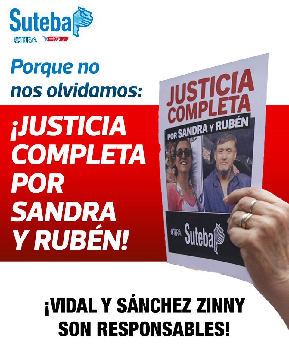 SUTEBAProvincia's tweet photo. A 7 años de la explosión de la EP Nº 49, ¡Sandra y Rubén siguen en nuestros corazones!

#JUSTICIACOMPLETAxSANDRAyRUBEN
#VIDALesRESPONSABLE https://t.co/hGqeN2u5v2