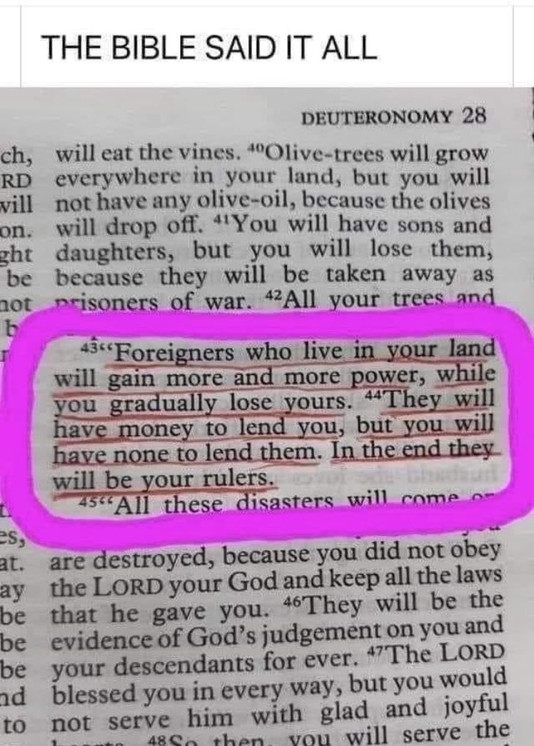 We have God’s word for guidance. Wisdom from ancient times. 

France, England, New York City, Minnesota, Dearborn Michigan. Dust off your bibles. Heed the warning‼️ 

“Foreigners who live in your land will gain more and more power while you gradually lose yours…”