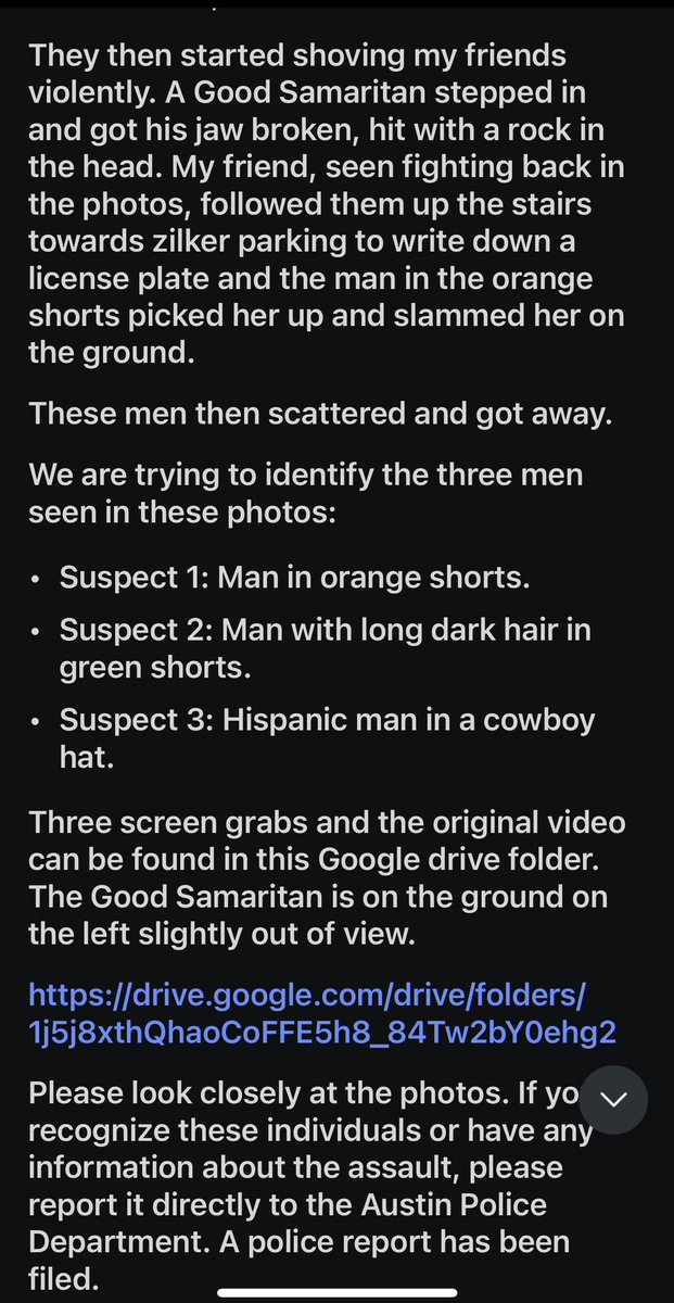 EthanOMcBride's tweet photo. ATTENTION AUSTIN: 
The 3 men who violently assaulted a trans woman &amp; her friends last weekend have still not been IDed 

•⁠Suspect 1: Man in orange shorts.
•⁠Suspect 2: Man with long dark hair in green shorts.
•⁠Suspect 3: Hispanic man in a cowboy hat

Call APD w tips! https://t.co/efYYrC0B8j