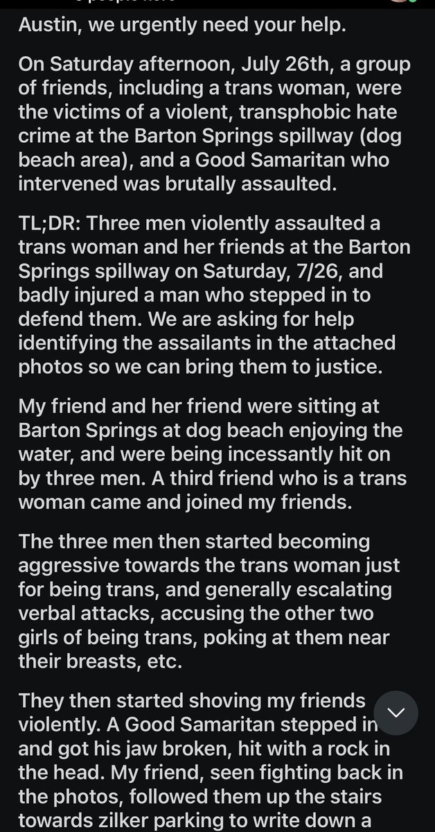 EthanOMcBride's tweet photo. ATTENTION AUSTIN: 
The 3 men who violently assaulted a trans woman &amp; her friends last weekend have still not been IDed 

•⁠Suspect 1: Man in orange shorts.
•⁠Suspect 2: Man with long dark hair in green shorts.
•⁠Suspect 3: Hispanic man in a cowboy hat

Call APD w tips! https://t.co/efYYrC0B8j