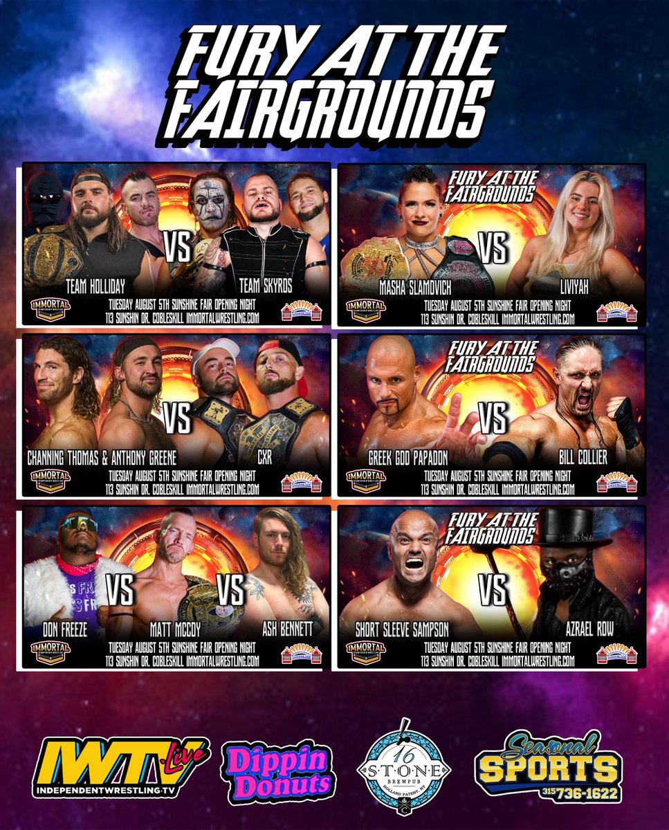 🔥THIS TUESDAY🔥
#FuryAtTheFairgrounds LIVE on <a href="/indiewrestling/">IWTV</a> at opening night of the Schoharie County Sunshine Fair! This card is stacked from top to bottom! Don't miss out! Admission is free with entry into the fair but for reserved seats, get them at eventbrite.com/e/wrestling-re…