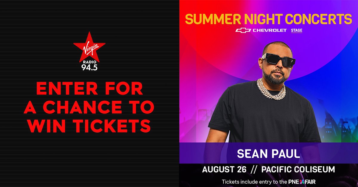 VirginRadioVancouver (@virginradiovan) on Twitter photo 😎 CONTEST ALERT! 🔥
94.5 Virgin Radio has your chance at a pair of <a href="/PNE_Playland/">PNE Fair / Playland</a> Summer Night Concert tickets to GET BUSY with <a href="/duttypaul/">Sean Paul</a> on August 26th, PLUS a $100 PNE Gift Card & a pair of ride passes! 🤩
Raise the temperature on our IG: bit.ly/VirginRadioVan… 😎 CONTEST ALERT! 🔥
94.5 Virgin Radio has your chance at a pair of <a href="/PNE_Playland/">PNE Fair / Playland</a> Summer Night Concert tickets to GET BUSY with <a href="/duttypaul/">Sean Paul</a> on August 26th, PLUS a $100 PNE Gift Card & a pair of ride passes! 🤩
Raise the temperature on our IG: bit.ly/VirginRadioVan…