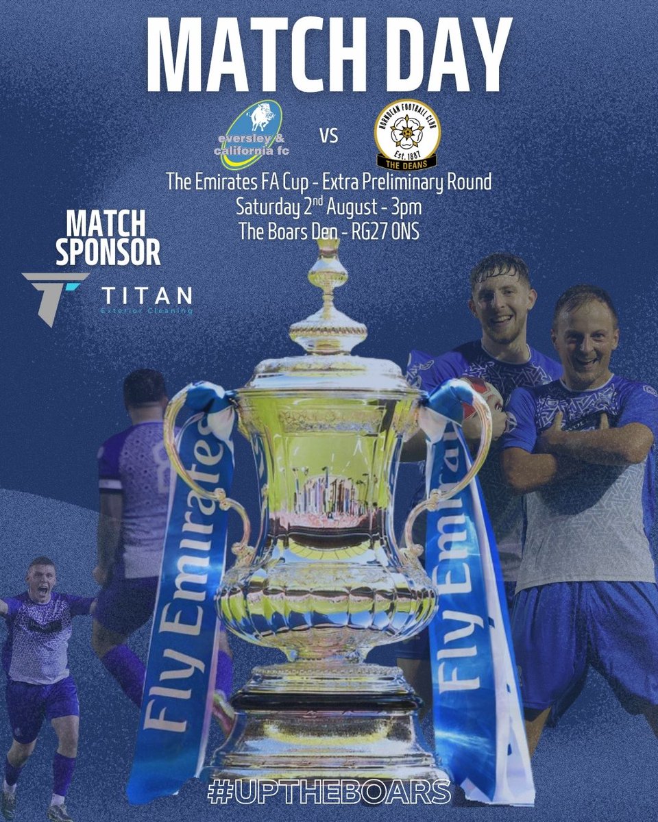 Eversley & California FC ๐ (@eversleycalifc) on Twitter photo ๐๐๐๐๐ ๐๐๐!
The time is nearly upon us. We face <a href="/Horndean_FC/">Horndean FC</a> in the <a href="/EmiratesFACup/">Emirates FA Cup</a> at 3pm. Massive day for the club, get behind the boys!
๐๏ธ - ยฃ8 Adult | ยฃ5 Concession | U16 FREE
๐๏ธ - Fox Lane, Eversley, RG27 0NS
#UpTheBoars๐ <a href="/fiberkshire/">Football in Berkshire</a> <a href="/NonLeagueHQ1/">NonLeagueHQ</a> <a href="/NonLeagueCrowd/">Non League Crowds</a> ๐๐๐๐๐ ๐๐๐!
The time is nearly upon us. We face <a href="/Horndean_FC/">Horndean FC</a> in the <a href="/EmiratesFACup/">Emirates FA Cup</a> at 3pm. Massive day for the club, get behind the boys!
๐๏ธ - ยฃ8 Adult | ยฃ5 Concession | U16 FREE
๐๏ธ - Fox Lane, Eversley, RG27 0NS
#UpTheBoars๐ <a href="/fiberkshire/">Football in Berkshire</a> <a href="/NonLeagueHQ1/">NonLeagueHQ</a> <a href="/NonLeagueCrowd/">Non League Crowds</a>