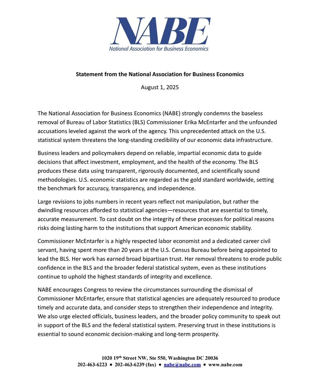 "This unprecedented attack on the U.S. statistical system threatens the long-standing credibility of our economic data infrastructure."
nabe.com