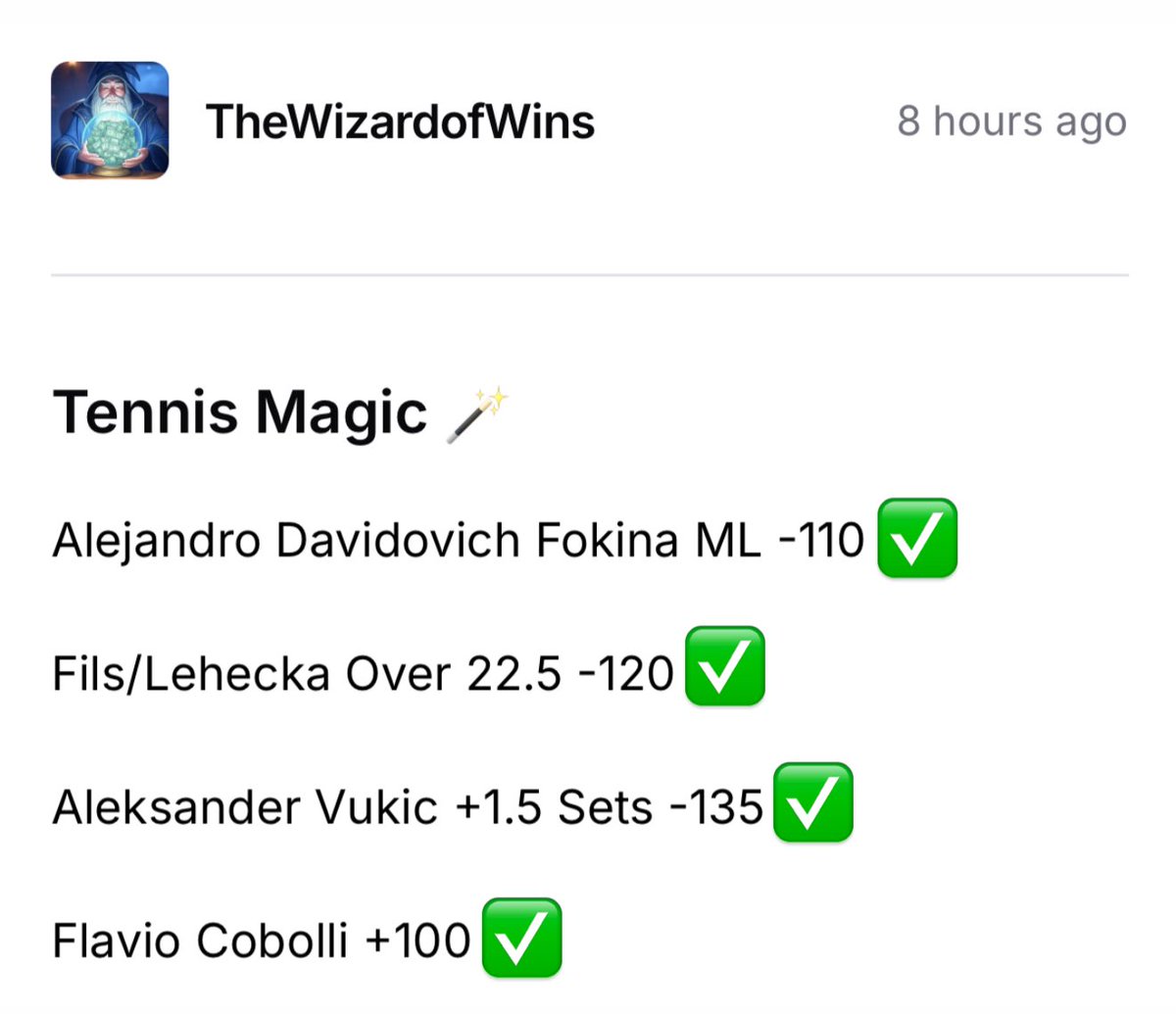 The Wiz has completed tennis magic 🪄 

Alejandro Davidovich Fokina -110✅
Fils/Lehecka Over 22.5 -120✅
Aleksander Vukic +1.5 Sets -135✅
Flavio Cobolli +100✅

4-0 💸

All of August half off 🔮 
dubclub.win/checkout/25296…

Drop a ♥️ if you believe in the Wiz 🧙‍♂️
