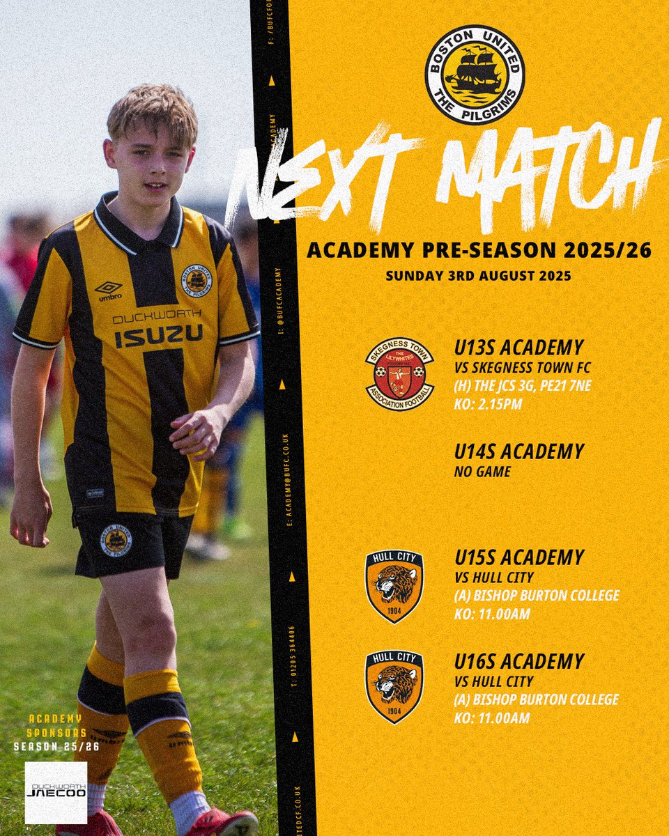 ⏭️NEXT MATCH | Our Academy pre-season continues tomorrow as the U15s and U16s travel to Hull City, while the U13s host Skegness Town at The JCS 3G.

🙌 Good luck to all three teams!

🤝 Duckworth Jaecoo

#UpThePilgrims 🧡🖤