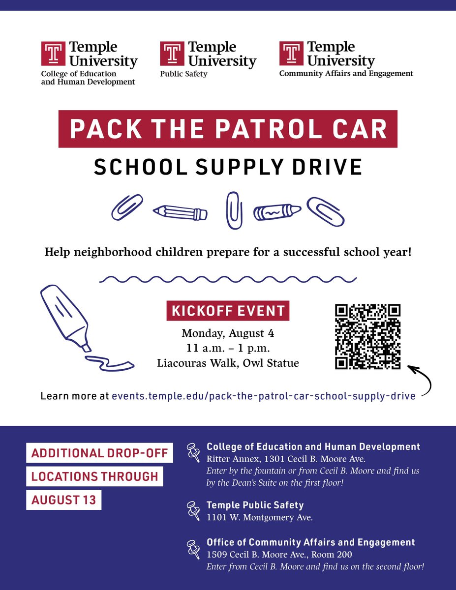 💥Join us for our Pack the Patrol Car kickoff event: 
📅 Monday, August 4th at 11 a.m, Liacouras Walk, at the Owl Statue. 
🎒 We're  collecting new school supplies for families in our surrounding community. 
🚓 Help us make this school year a success for our neighbors!