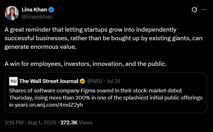 Lina Khan doing a victory lap on the success of the Figma IPO is peak comedy