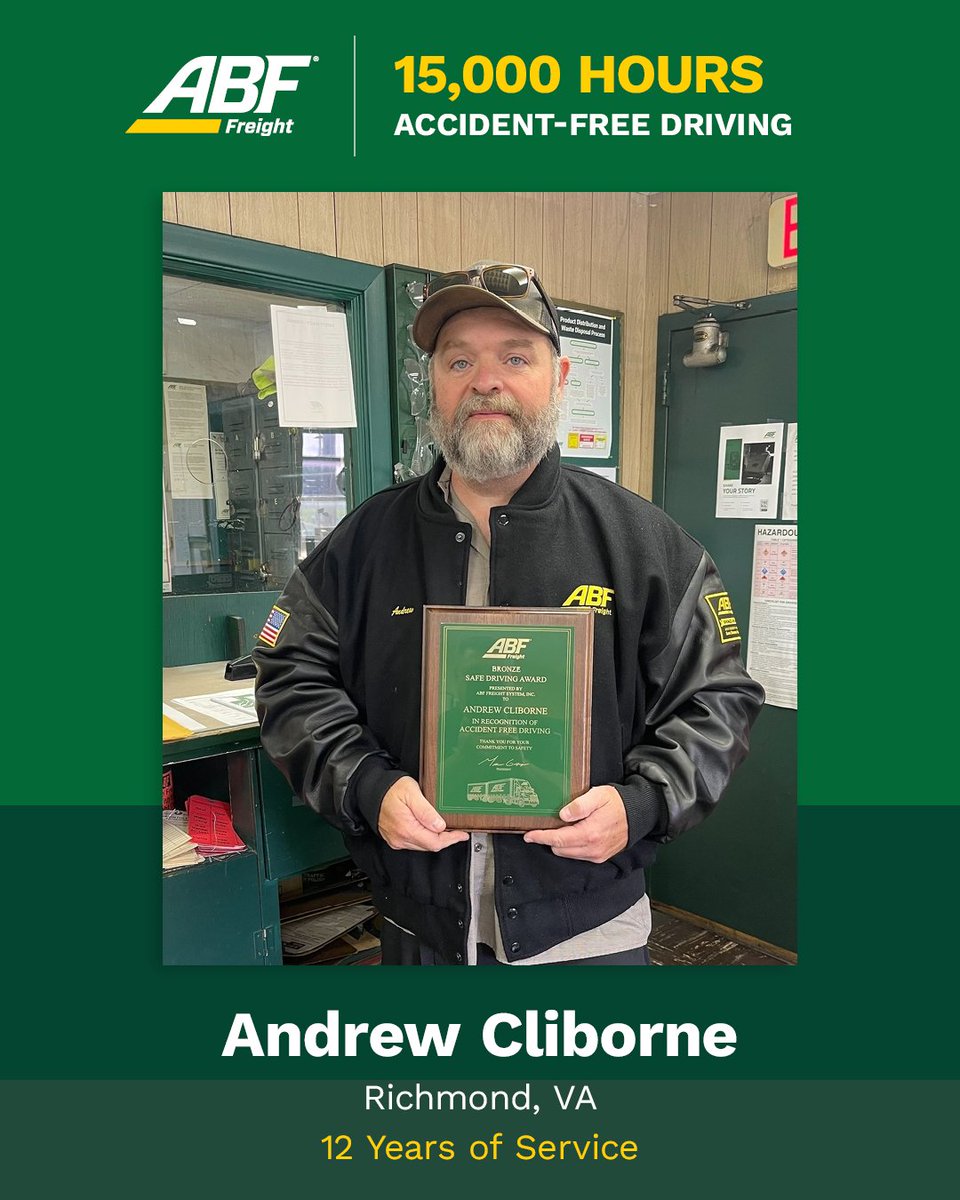 Congratulations to ABF Freight driver Andrew Cliborne of Richmond, VA, on reaching 15,000 hours of accident-free driving. Your dedication to safety and professionalism sets the standard, and we’re proud to celebrate this milestone with you.