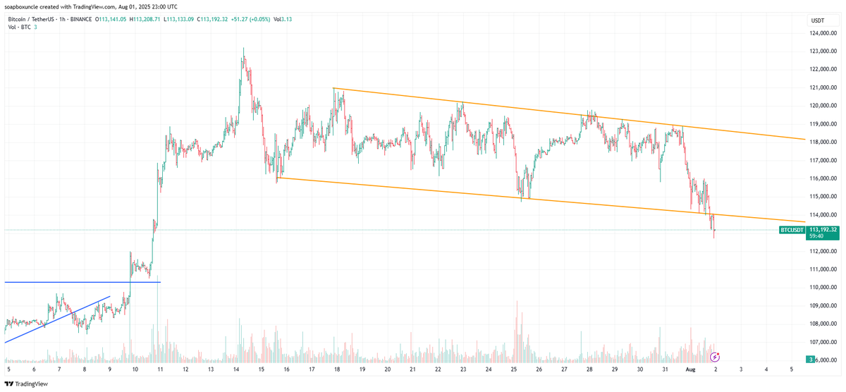 soapboxuncle's tweet image. On the 1-hour chart, Bitcoin price has broken below a falling wedge pattern formed since mid-July. The support trendline was tested as resistance an hour ago, suggesting a potential continued decline in price. #Bitcoin #BTC #Crypto #Cryptocurrency #Trading #TechnicalAnalysis…