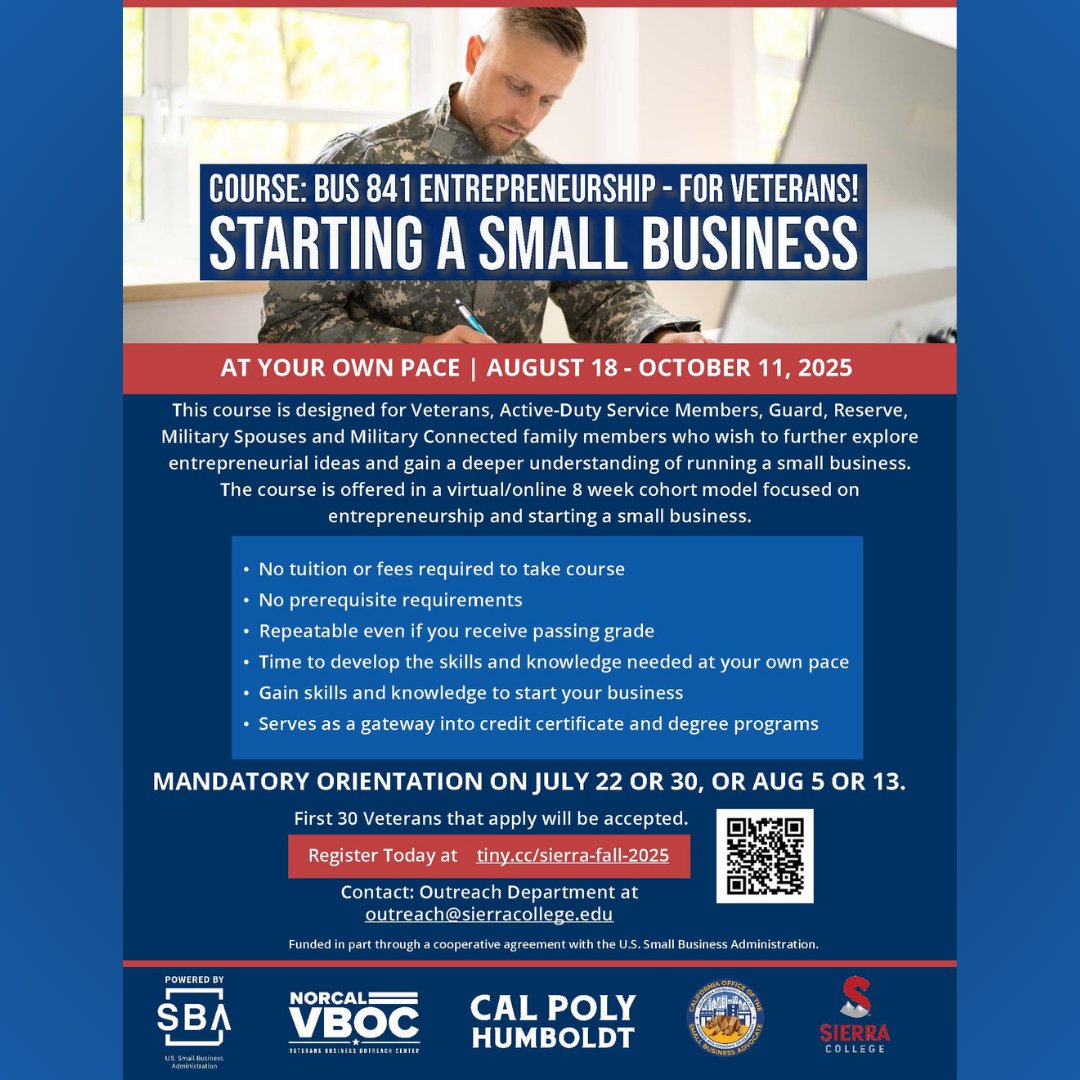 CaliforniaOSBA's tweet image. 🚨 FREE online business course for Veterans, Service Members, Spouses &amp;amp; Families!

🗓 Aug 18–Oct 11
📍 Virtual | At your own pace
✅ No fees, no prereqs
⚠️ Mandatory orientation: August 5 or August 13

🔗 Register: ow.ly/EKGr50WySb5

#Veterans #Entrepreneurship #CalOSBA